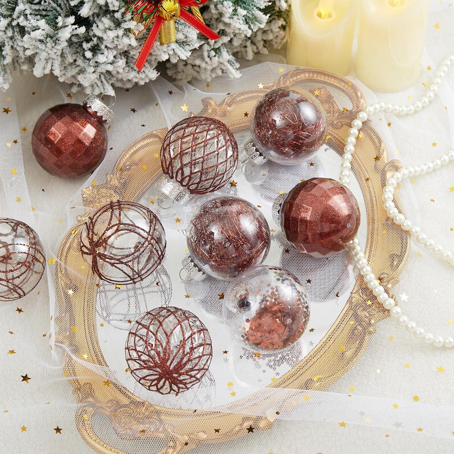 30ct Christmas Ball Ornaments-60mm/2.36" Shatterproof Clear Plastic Xmas Balls Baubles Set with Stuffed Delicate Sparkling, Hanging Christmas Tree Decorations (Rose Gold)