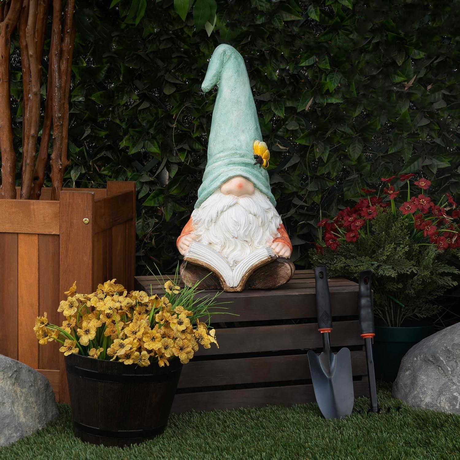 Alpine Corporation Gnome With Turquoise Hat Reading Book Décor: Ceramic Statue, Mythical Charm, Indoor/Outdoor Use