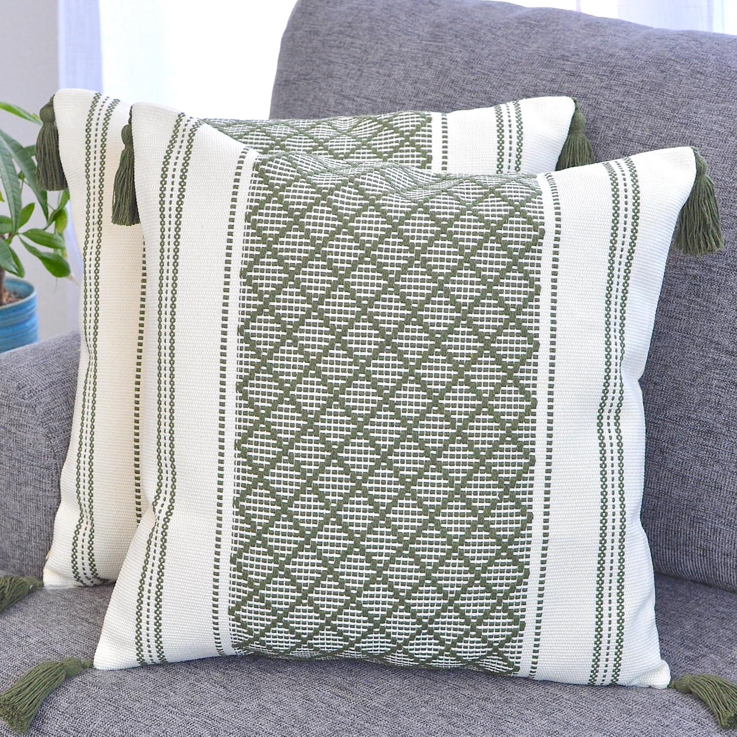 Woven Pillow Covers With Tassels, Geometric Pattern Pillowcases For Outdoor / Indoor (Set of 2)