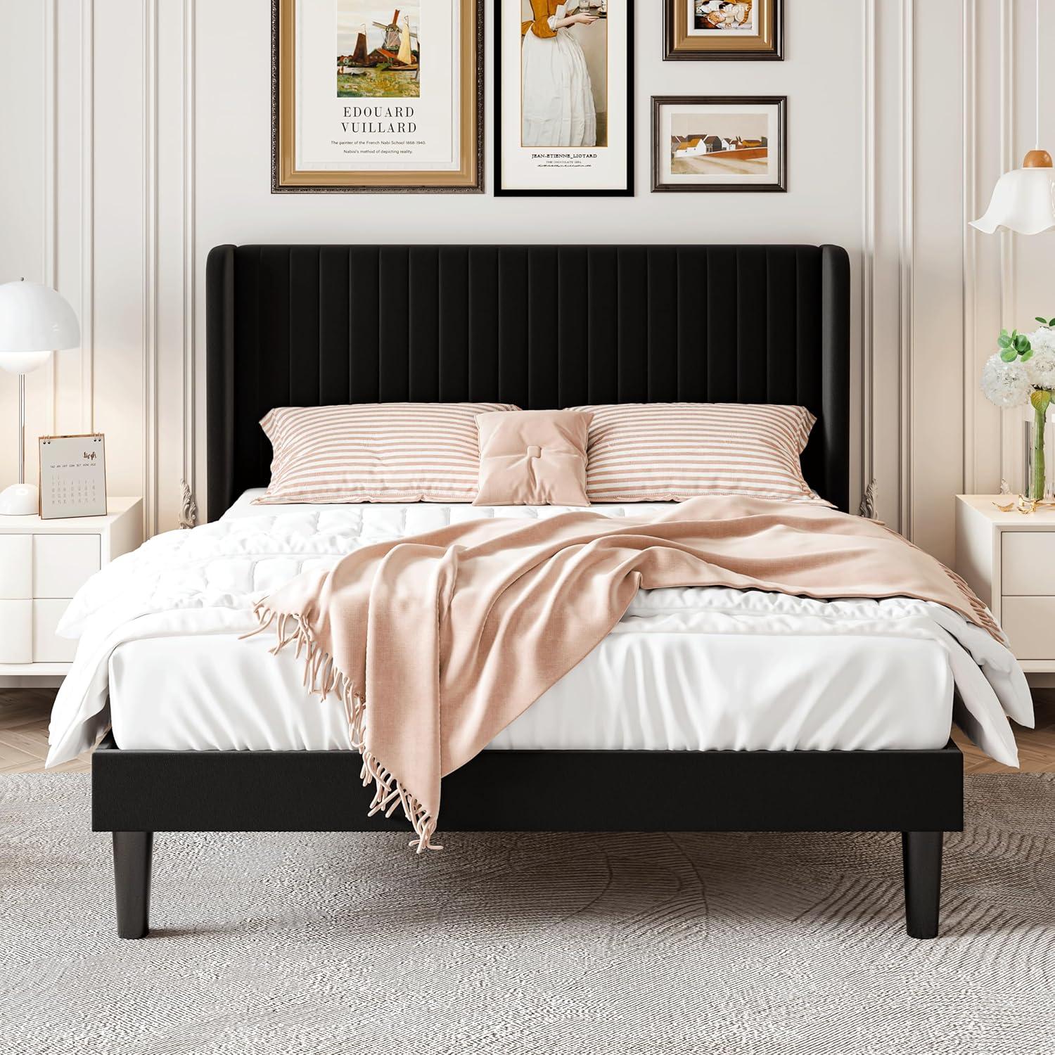 Full Size Black Velvet Upholstered Bed Frame with Tufted Headboard and Storage Drawer