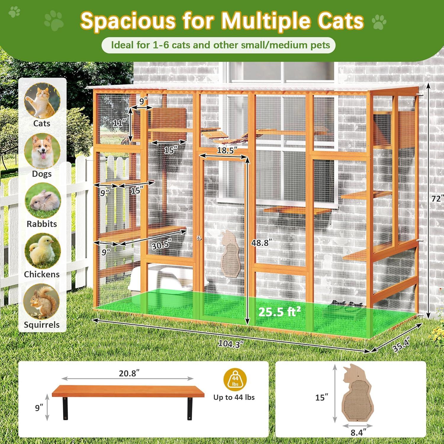 COZIWOW Outdoor Cat Enclosure, Catio Pet Safe House, 104" Extra Large Indoor Window Box with 7 Platforms, Resting Houses, and Walk-In Door, Orange