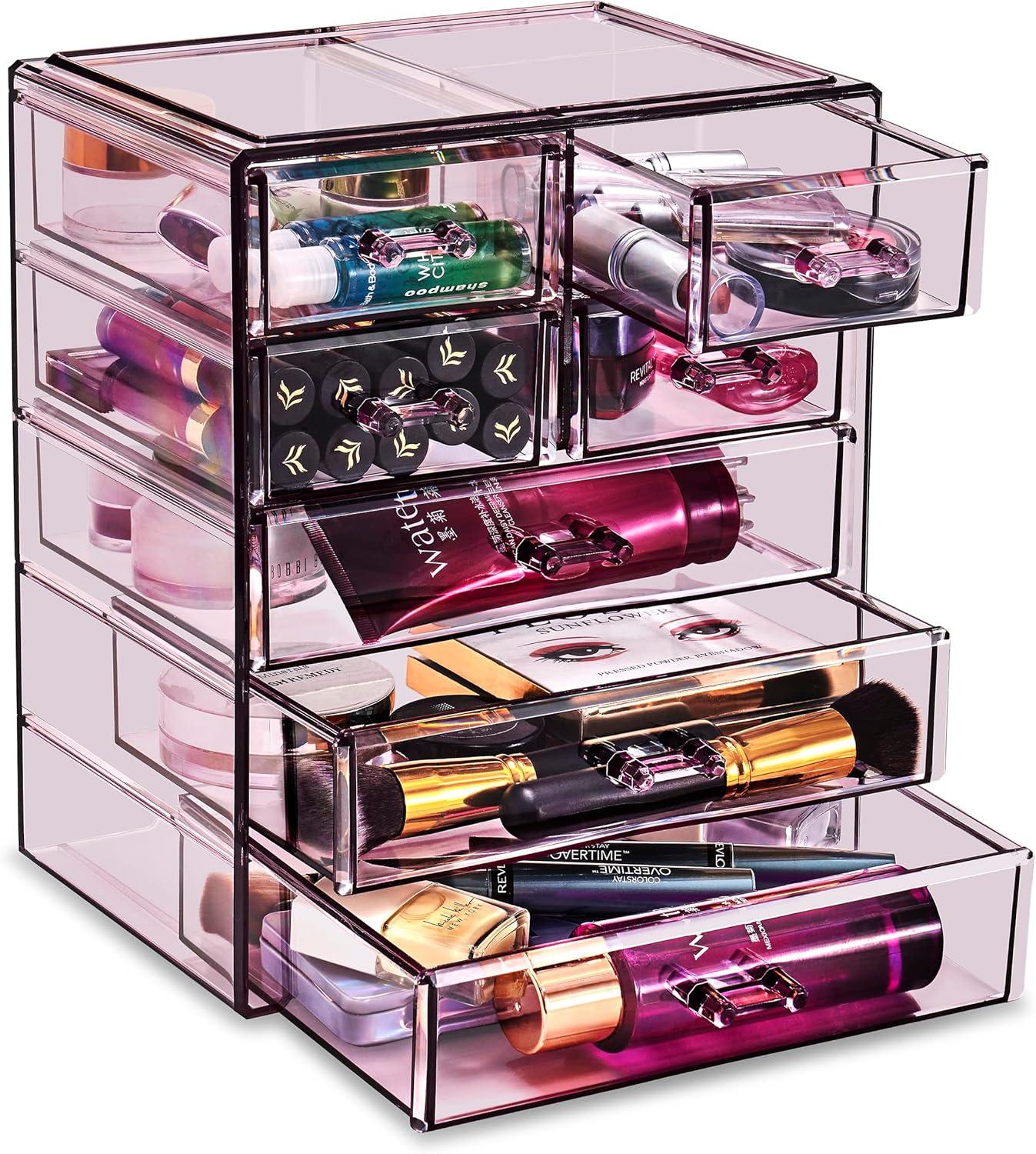 Sorbus Acrylic Makeup Organizer Case - Big Clear Makeup Organizer for Vanity, Bathroom, College Dorm, Closet, Desk (Purple)