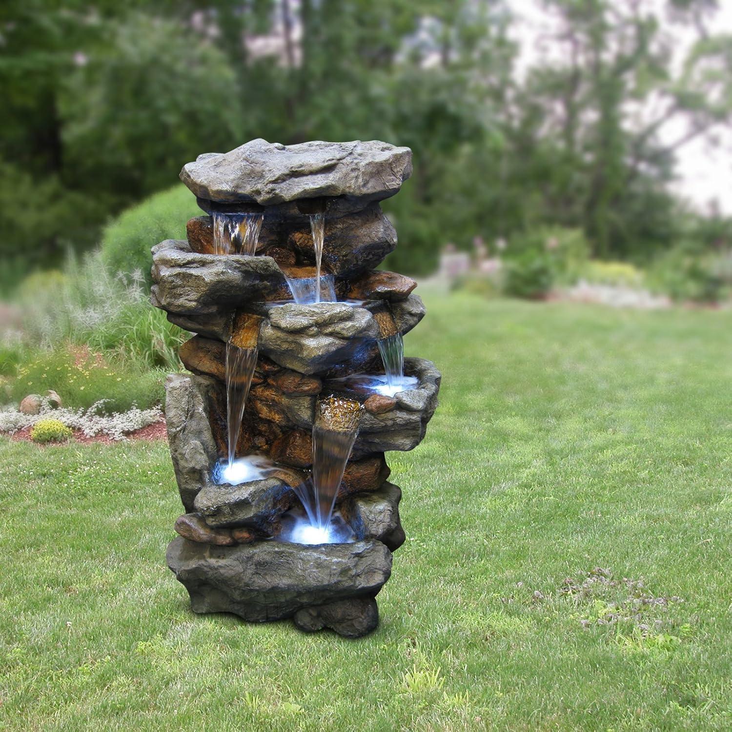 52" Brown Tiered Rock Waterfall Fountain with LED Lights