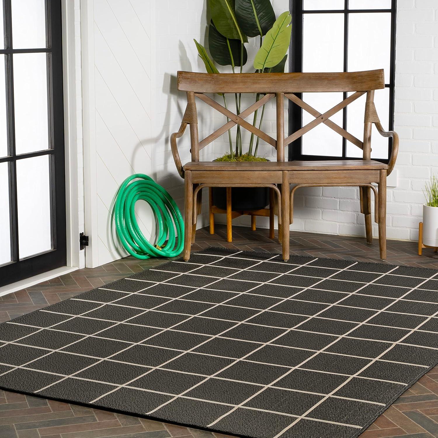 5' x 8' Grid Modern Squares Indoor/Outdoor Area Rug, Black/Cream - JONATHAN Y