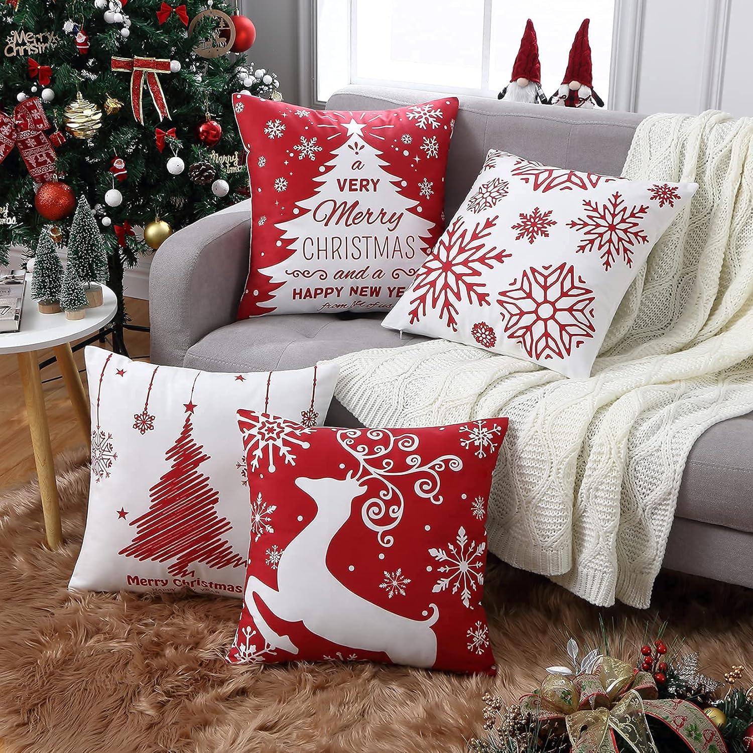 Christmas Decorations Throw Pillow Covers, Set of 4 Throw Pillow Cases with Holiday Decor, 18x18inch, Red