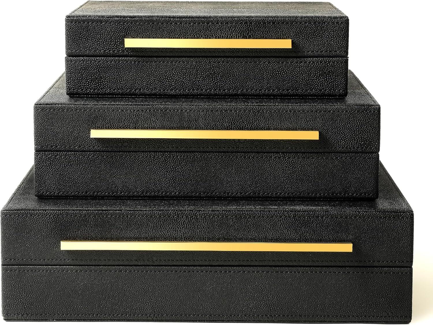Faux  Leather Decorative Jewelry Storage Nesting Organizer Boxes with Lids Gold Handle Set of 3, Black