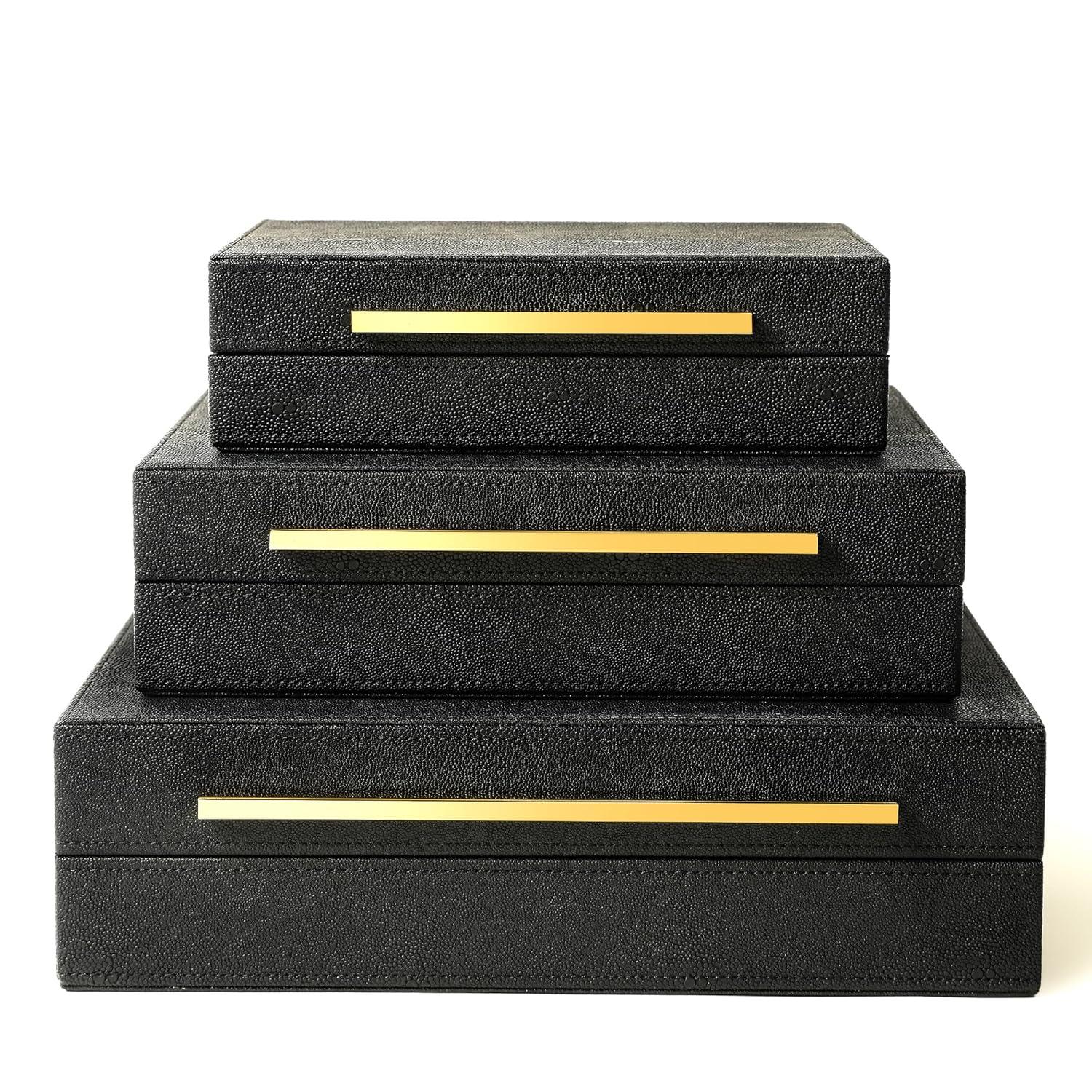 Faux  Leather Decorative Jewelry Storage Nesting Organizer Boxes with Lids Gold Handle Set of 3, Black