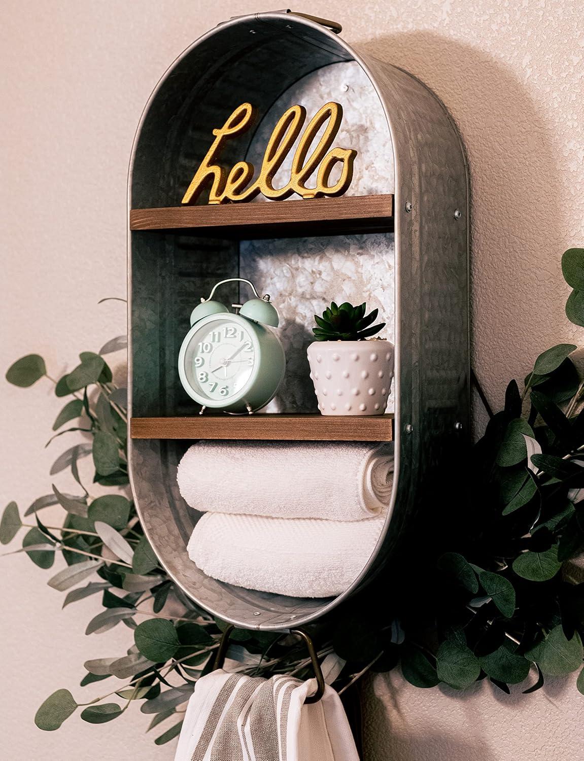 Gracie Oaks Wash Tub With Shelves | Rustic Bathroom Décor | Farmhouse Rustic Bathroom Shelves | Bathroom Tub Of Towels | Metal Wash Tub Cubby | Galvanized Shelf Wall