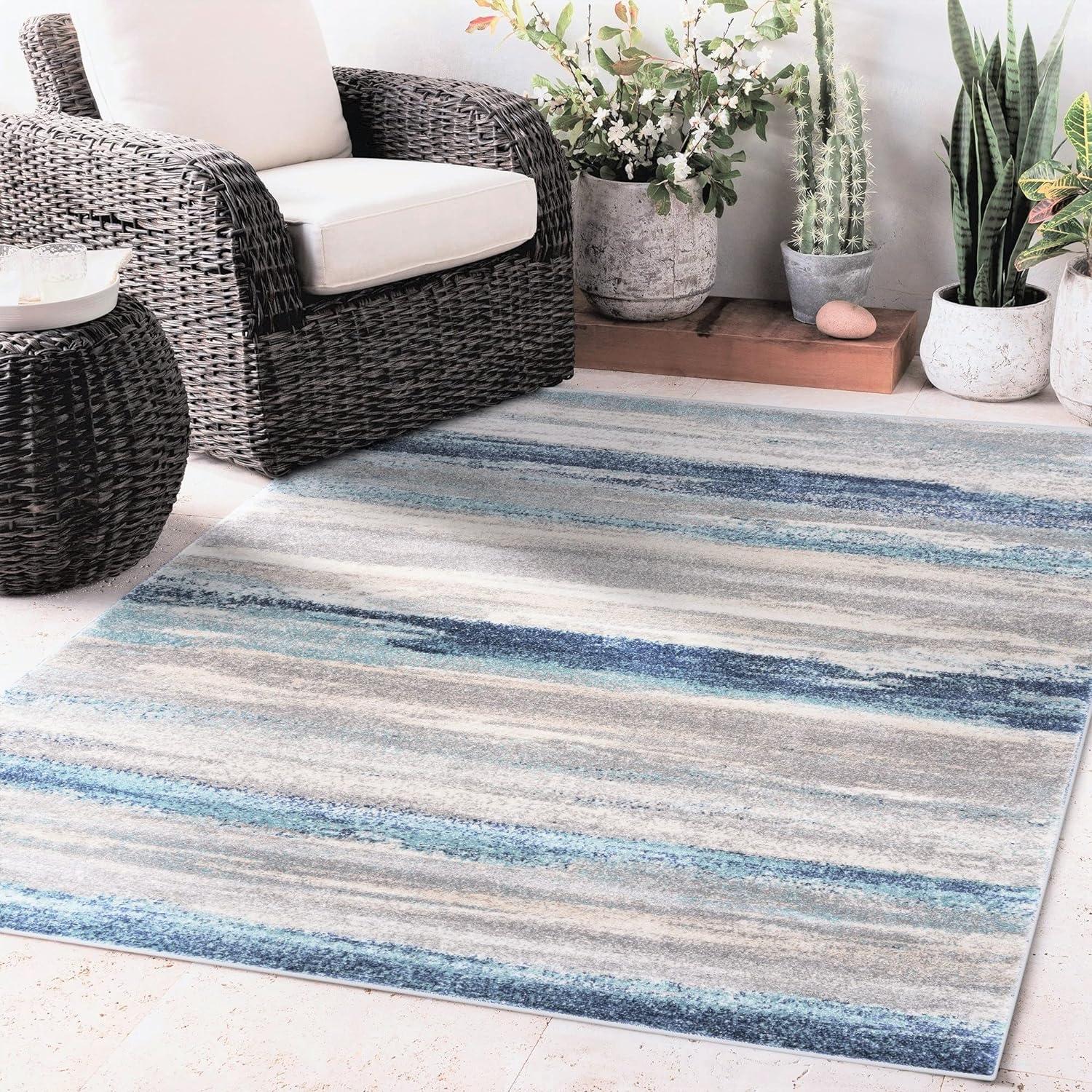 Coastal Bliss Blue Abstract 8' x 10' Easy-Care Synthetic Area Rug