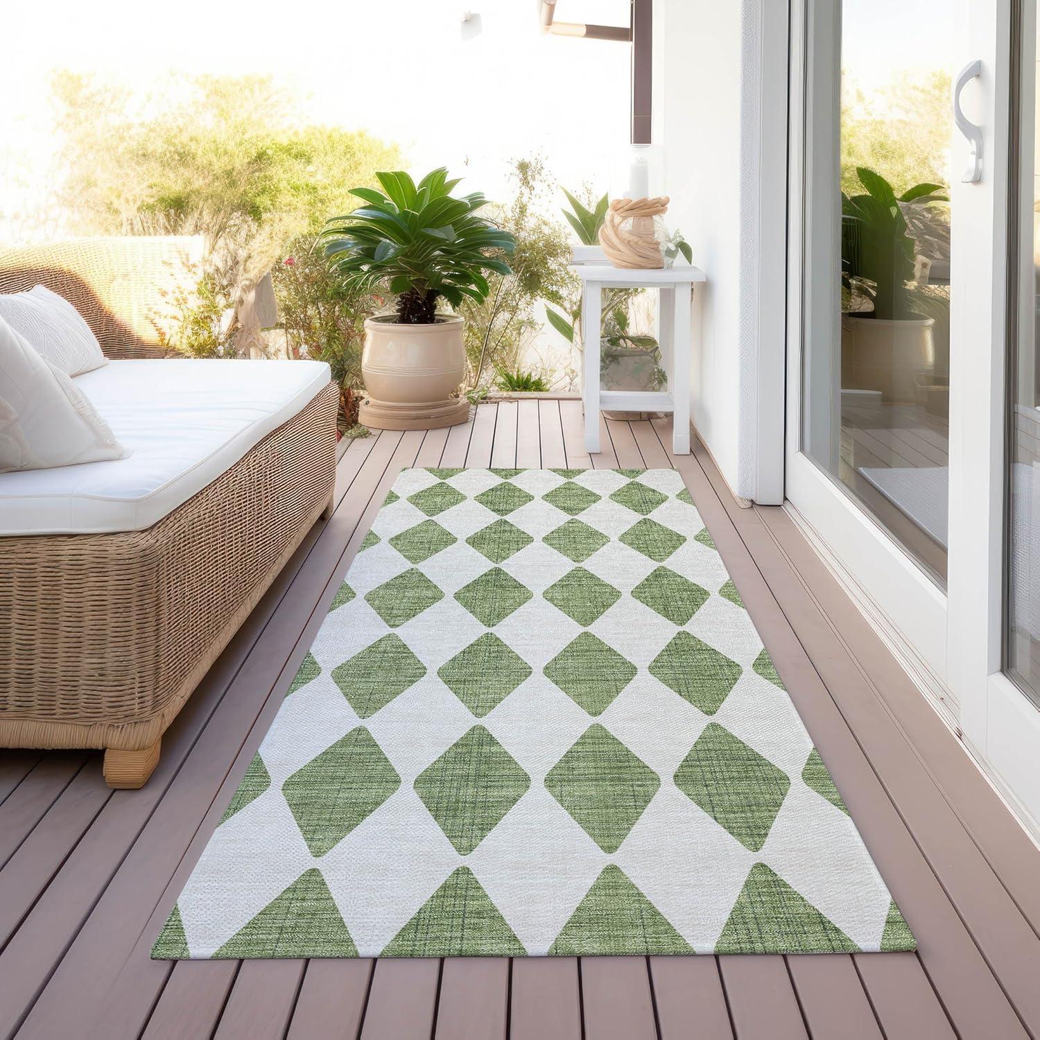 Green and White Diamond Pattern Washable Runner Rug