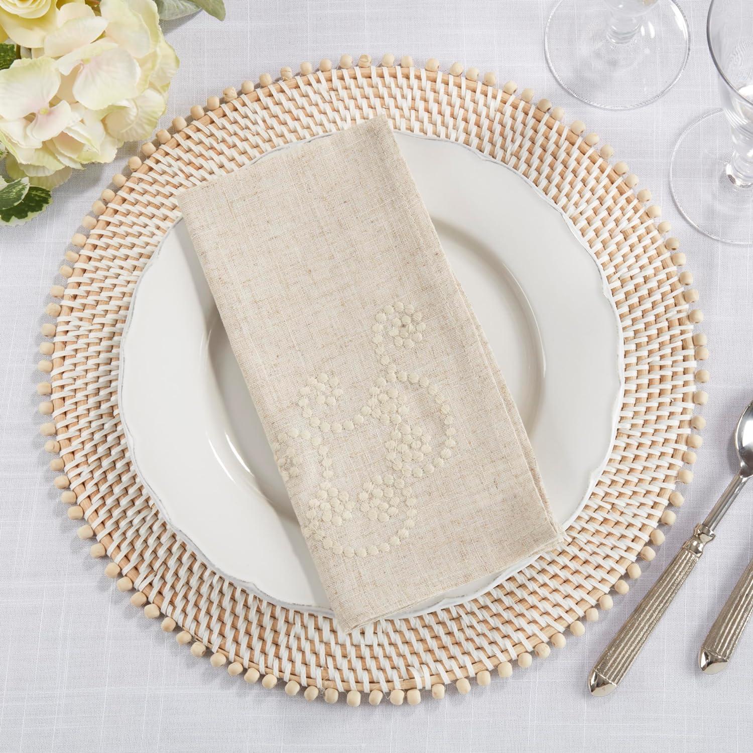 Embroidered Swirl Design Simple Natural Linen Blend Tablecloth - Saro Lifestyle