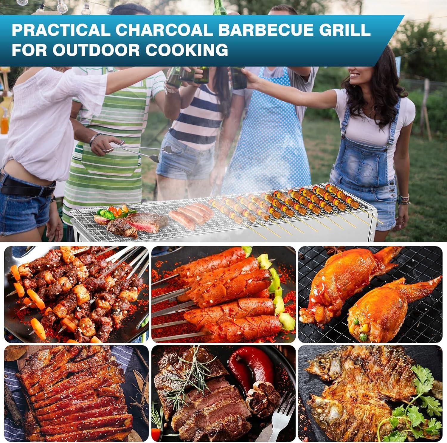 Portable Charcoal Grills, 32" x 8" Stainless Steel Folded Camping Grill Kebab Skewer BBQ Barbecue Grill Kit for Garden Backyard Party Picnic Travel Home Outdoor Cooking Use