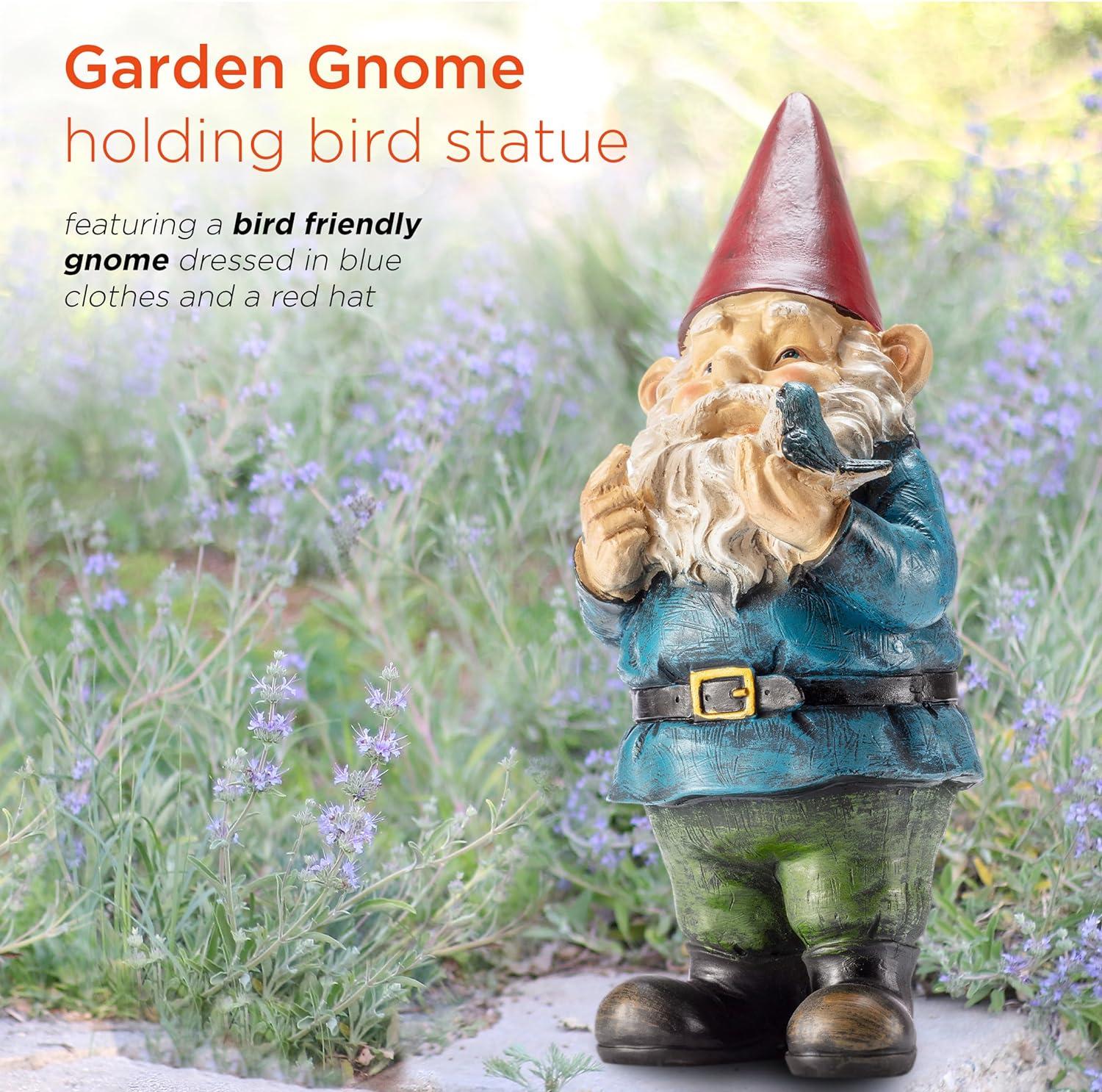 12-Inch Multicolor Garden Gnome with Bird Statue