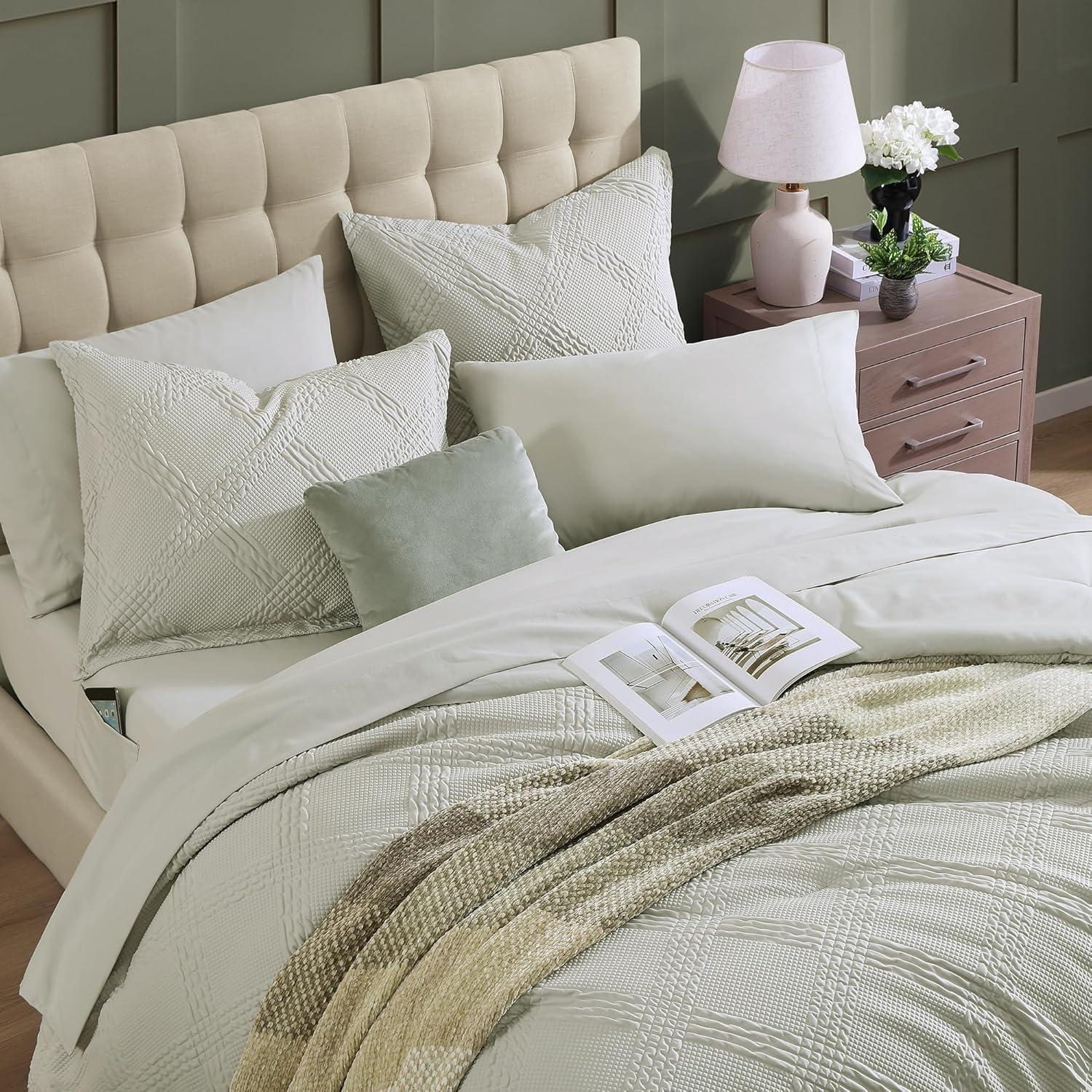 Geniospin Queen Comforter Set, Bed in A Bag 7-Pieces, Light Grey Textured All Season Comfortable Bedding Sets with Comforter, Sheets, Pillowcases & Shams (Light Grey, 90"x90")