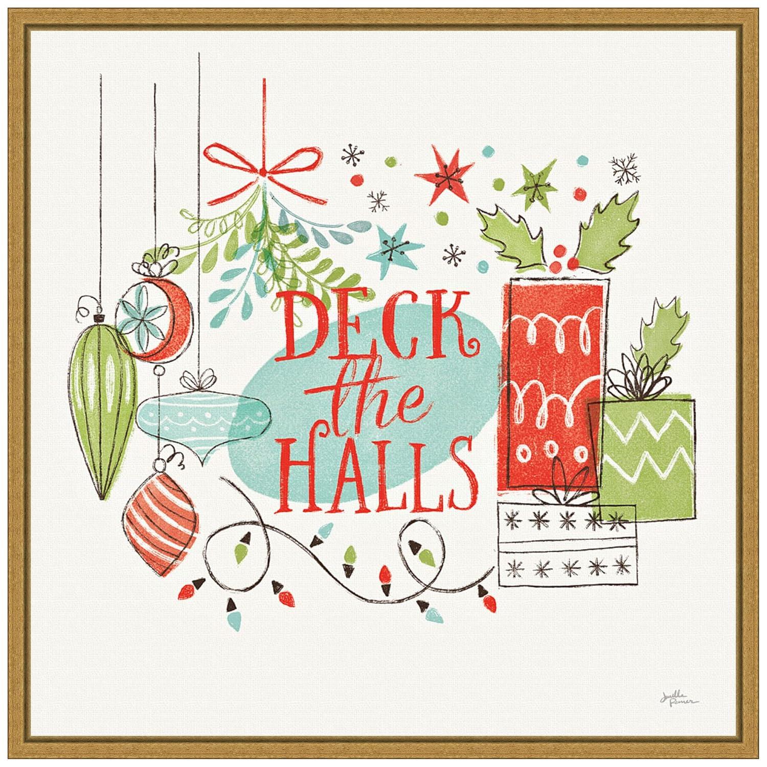 16" x 16" Deck the Halls Christmas Holly by Janelle Penner Framed Canvas Wall Art - Amanti Art
