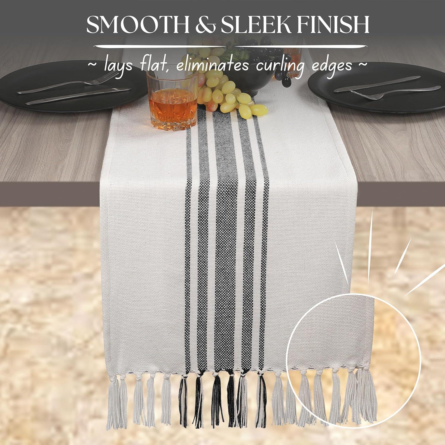 Design Imports  Black Striped Fringe Ribbed Table Runner 14X72