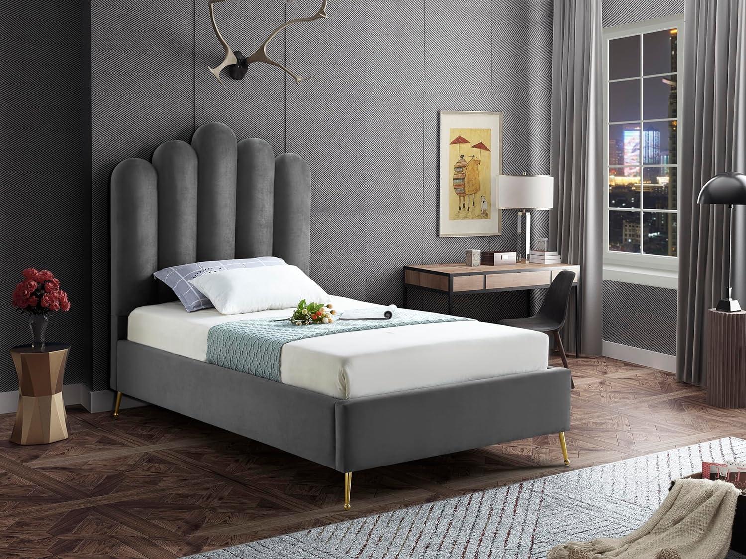 Meridian Furniture Contemporary Velvet Upholstered Platform Bed with Sturdy Gold Steel Legs and Deep Channel Tufted Headboard