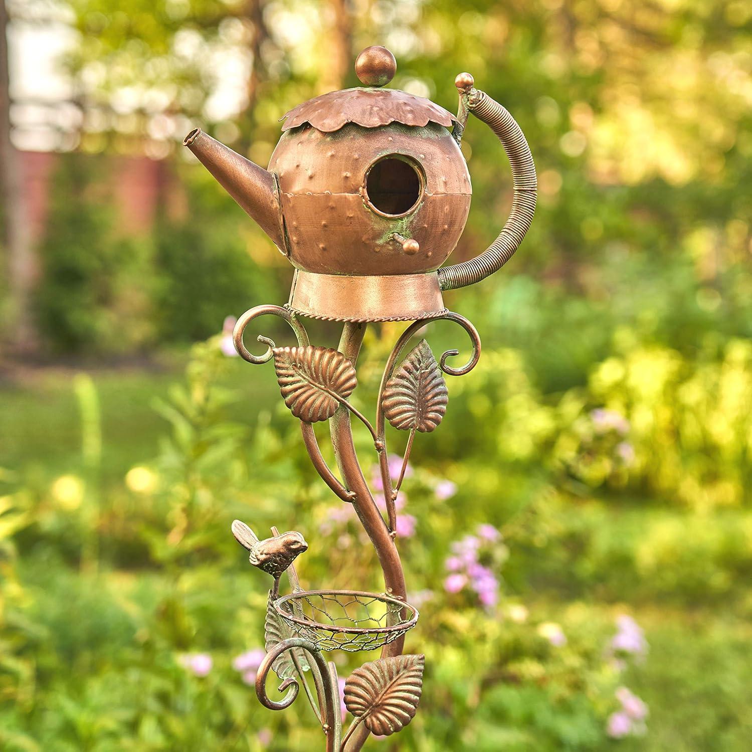 Antique Copper Teapot Birdhouse with Leaf Design Stake