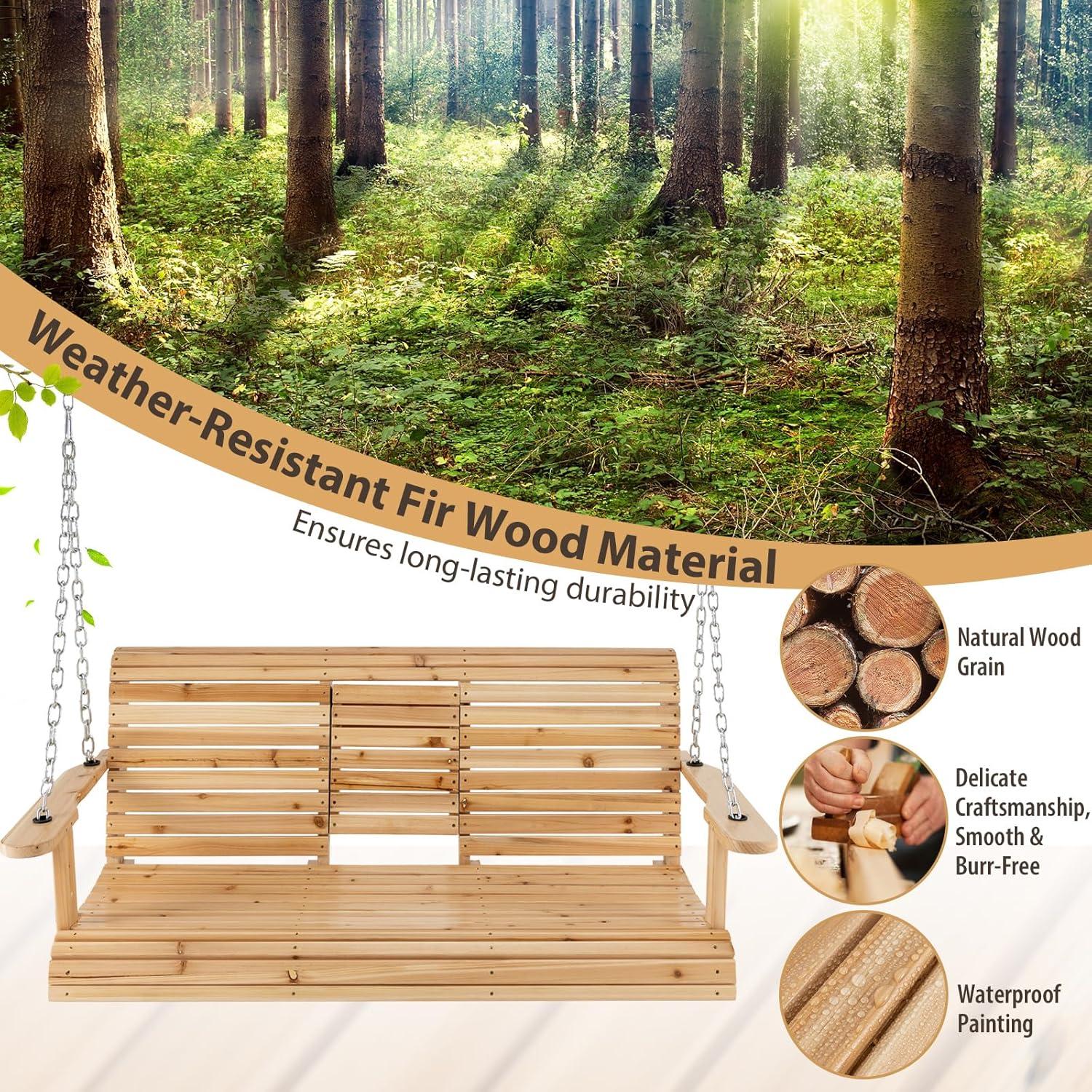 Natural Fir Wood 2-Person Porch Swing with Cup Holders