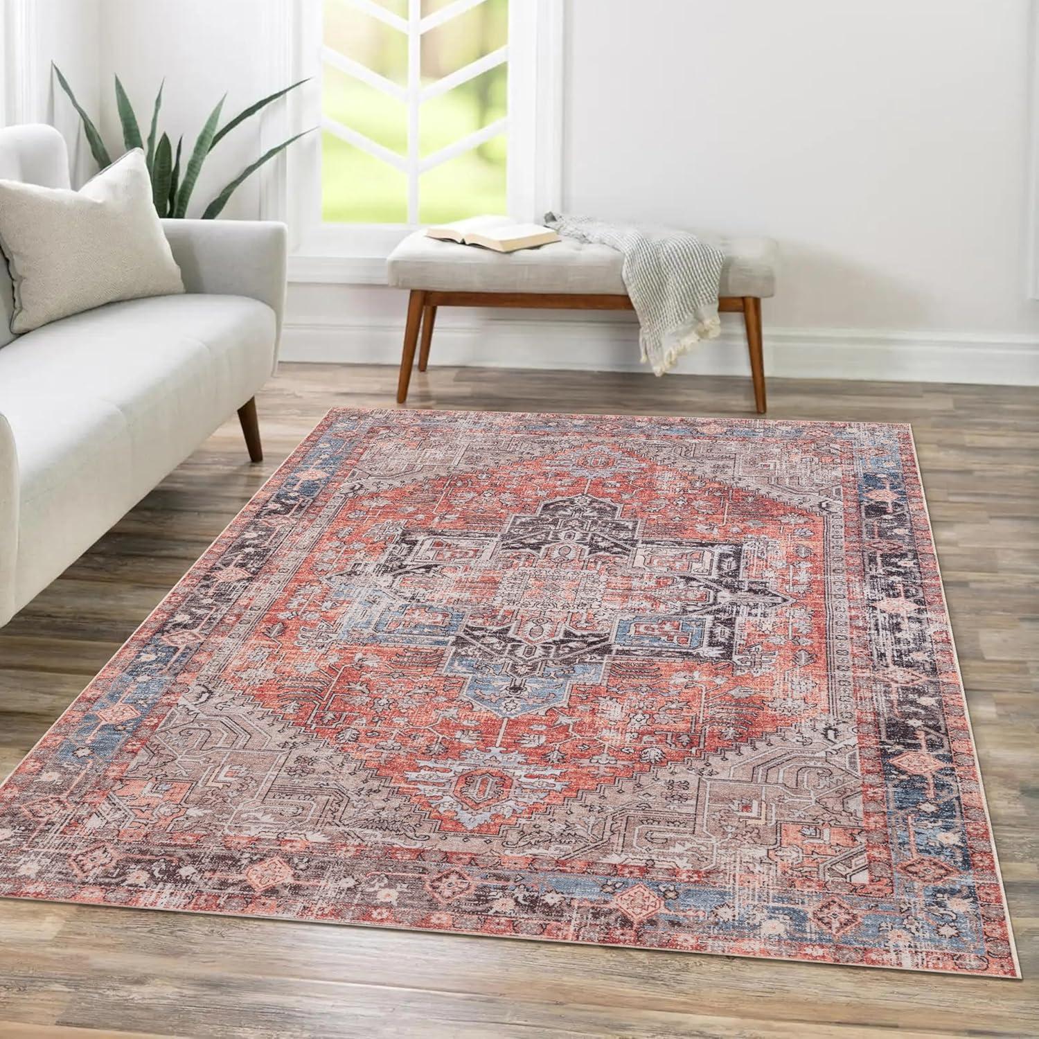 Machine Washable Thin Area Rug - Oriental Vintage Rust Red Kitchen, Bedroom, Hallway, Bathroom, and Entryway 3x5 Rugs - Stain and Water-Resistant - Non-Slip - Pet and Kid Friendly