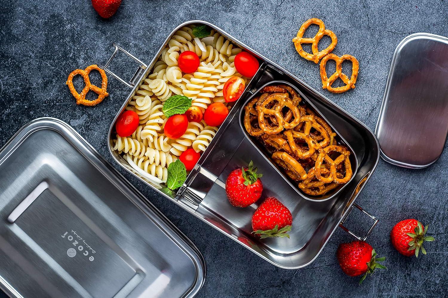 Ecozoi Stainless Steel Lunch Box, Leak Proof 1-Tier Eco Metal Bento Box with Bonus POD | Sustainable Zero Waste Eco Friendly Tiffin Food Storage Container