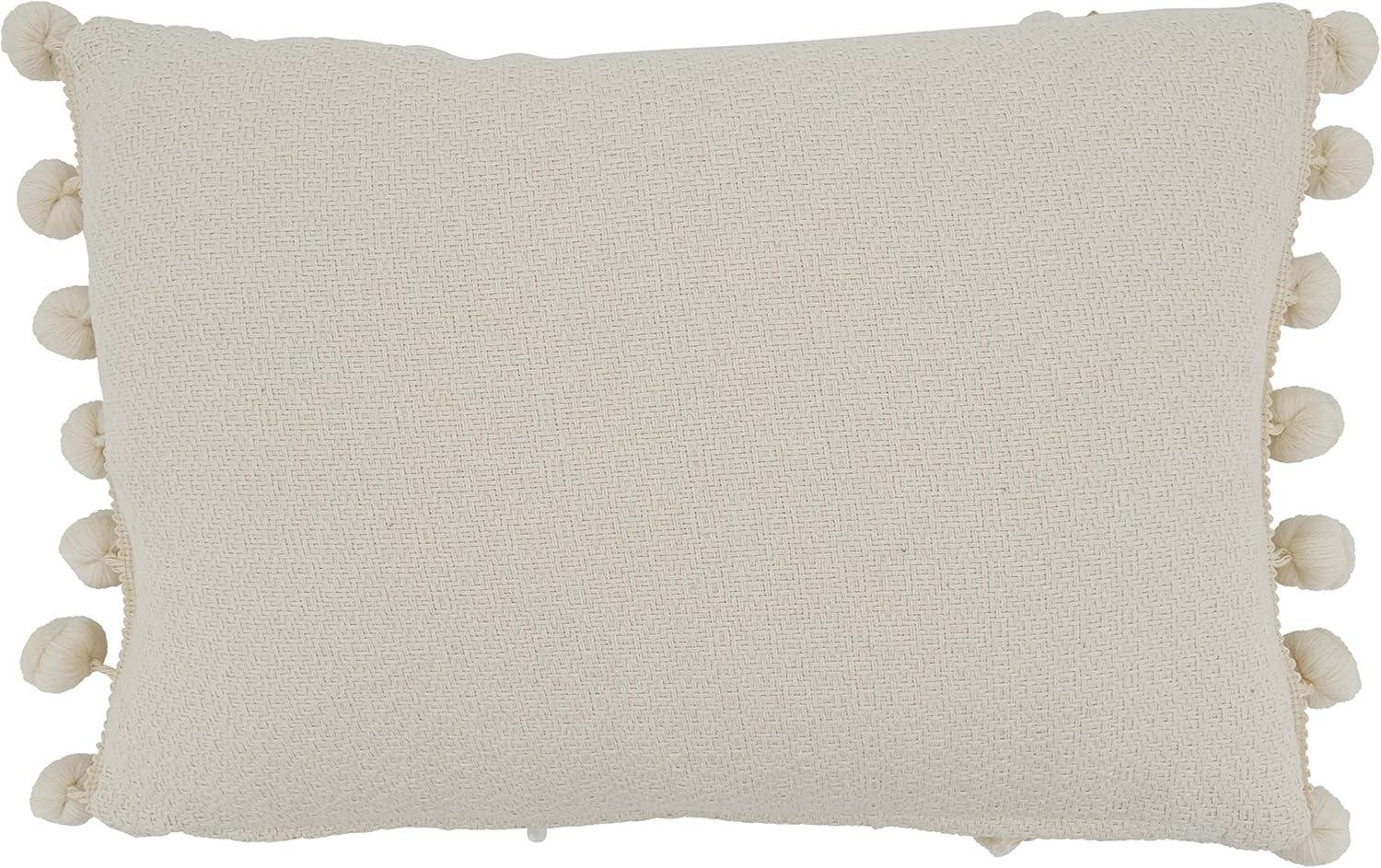 Ivory Cotton Rectangular Throw Pillow with Pom Pom Applique