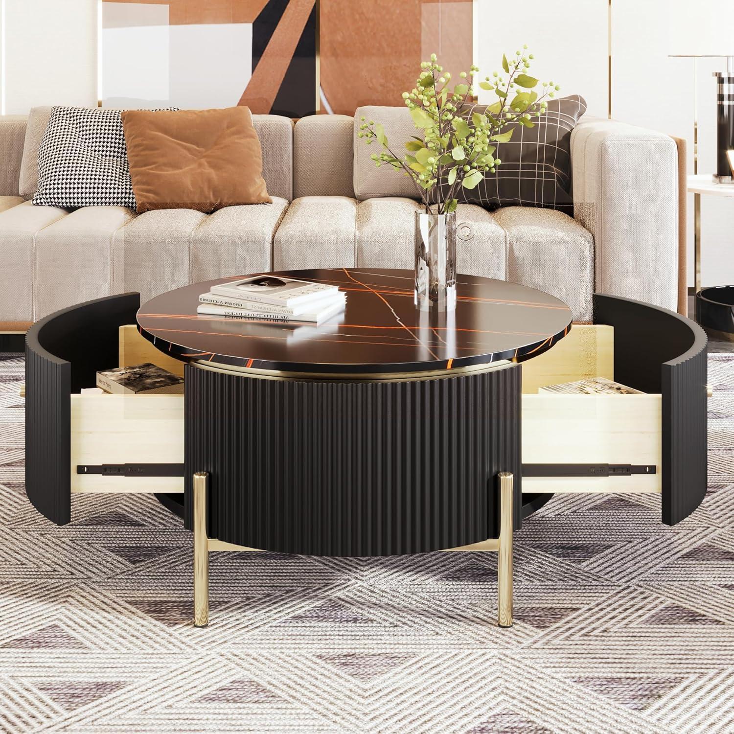 Black Round Coffee Table with Gold Legs and Storage Drawers