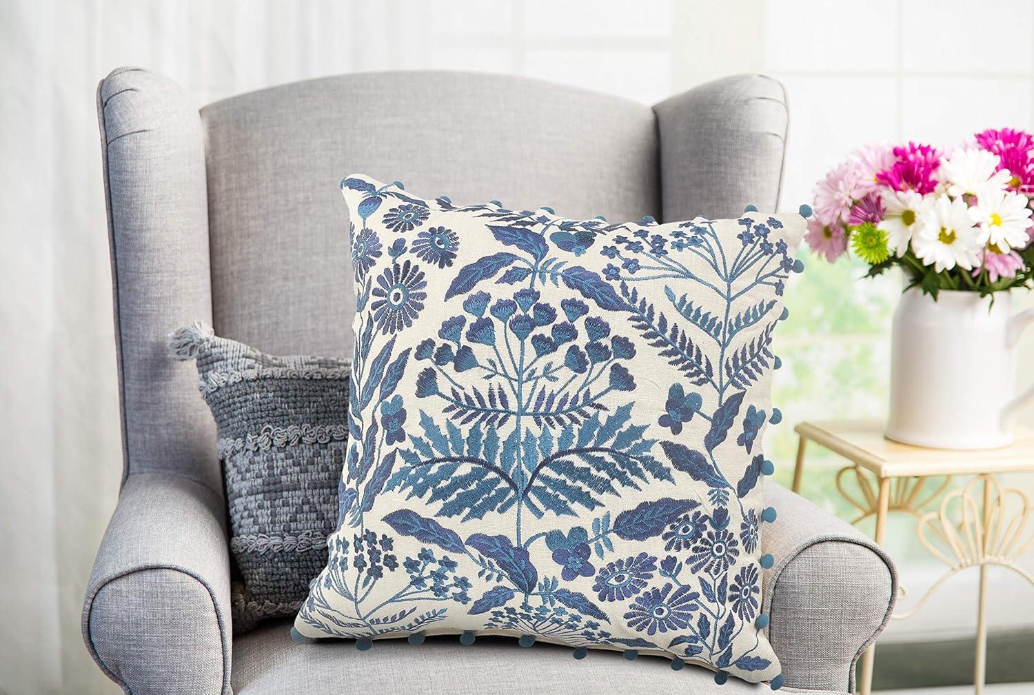 Navy and Off-White Bohemian Floral Square Throw Pillow