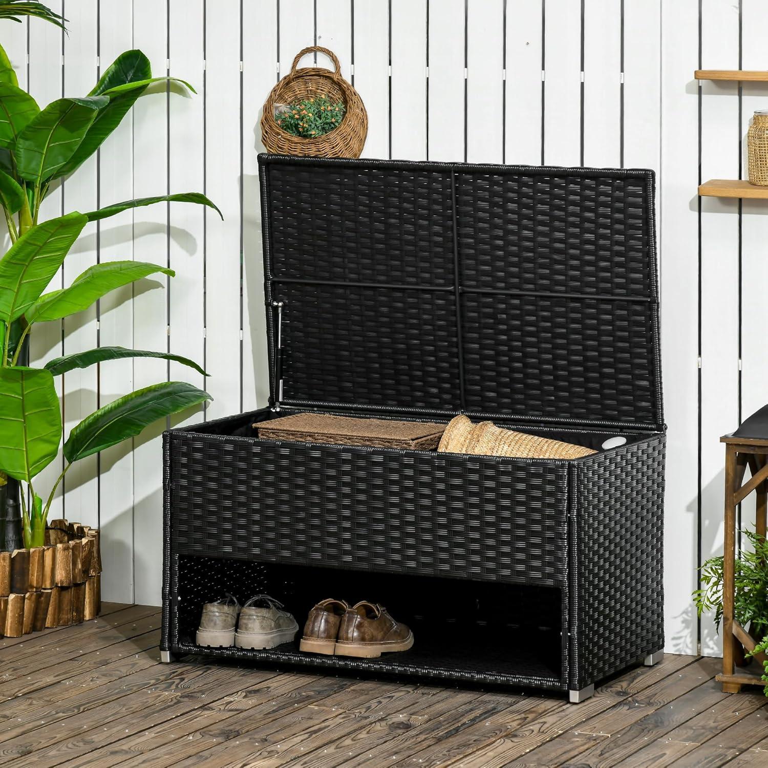 Black Wicker Plastic Outdoor Deck Box with Liner