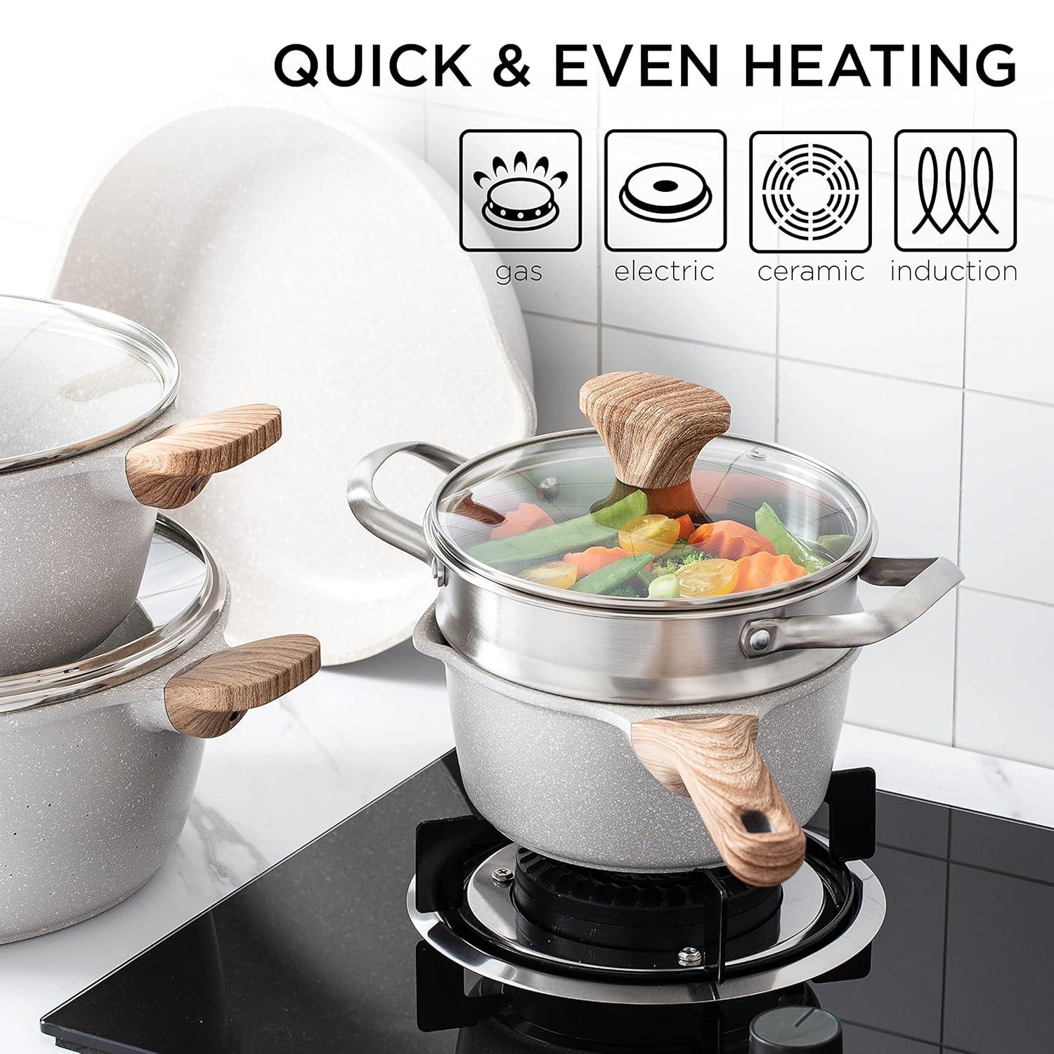 Country Kitchen 15-Pc Cast Aluminum Pots and Pans Set Non Stick Cookware Set, Cream