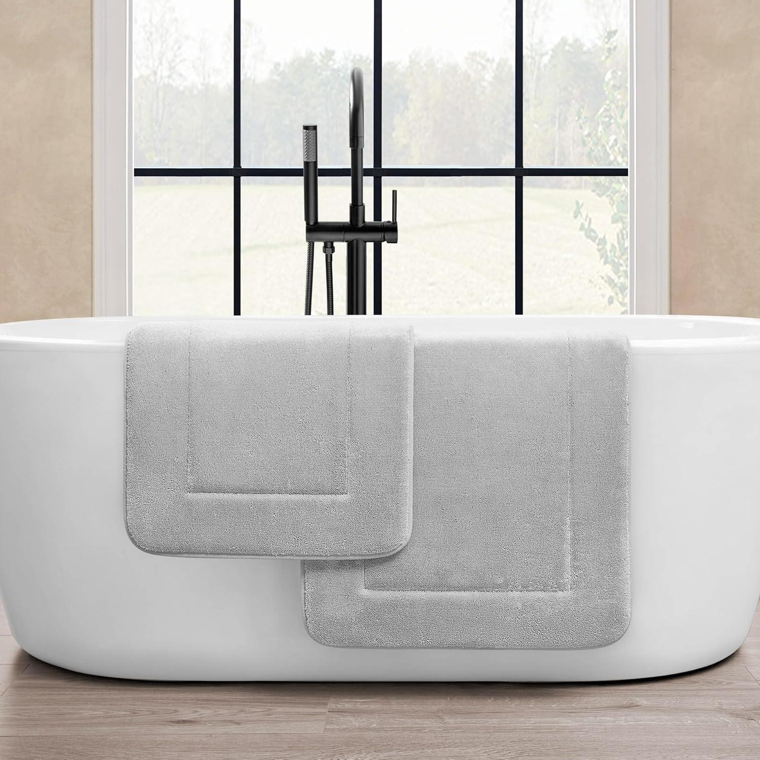 Terry Bath Mats, Set of 2 Memory Foam Bath Rugs, Non-Slip, 100% Polyester, Premium Bathroom Decor, Machine Washable, Measures 17 in. x 24 in. / 20 in. x 32 in., Light Gray