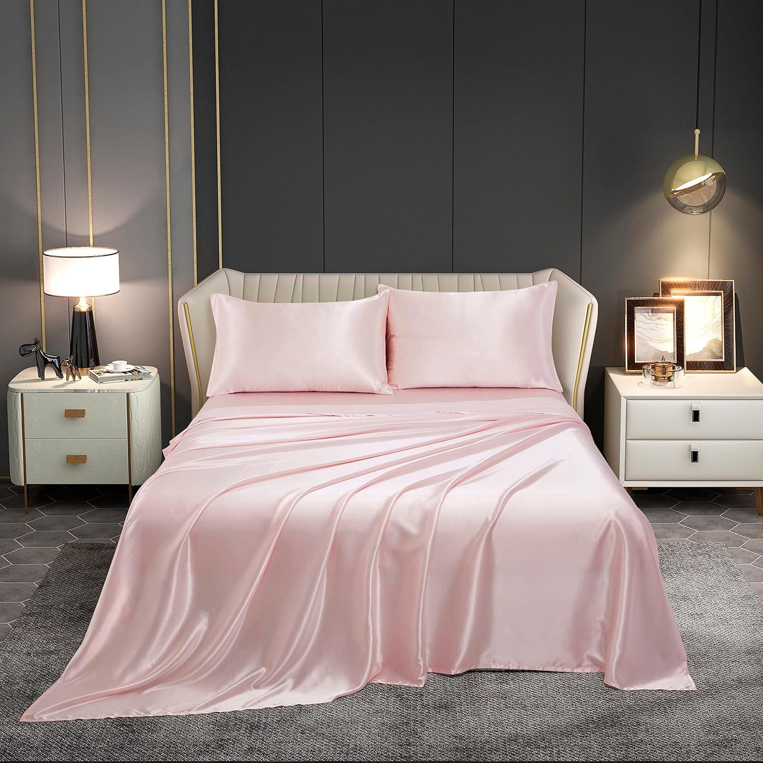 Homiest 4pcs Satin Sheets Set Luxury Silky Satin Bedding Set with Deep Pocket, 1 Fitted Sheet + 1 Flat Sheet + 2 Pillowcases (Queen Size, Blush Pink)