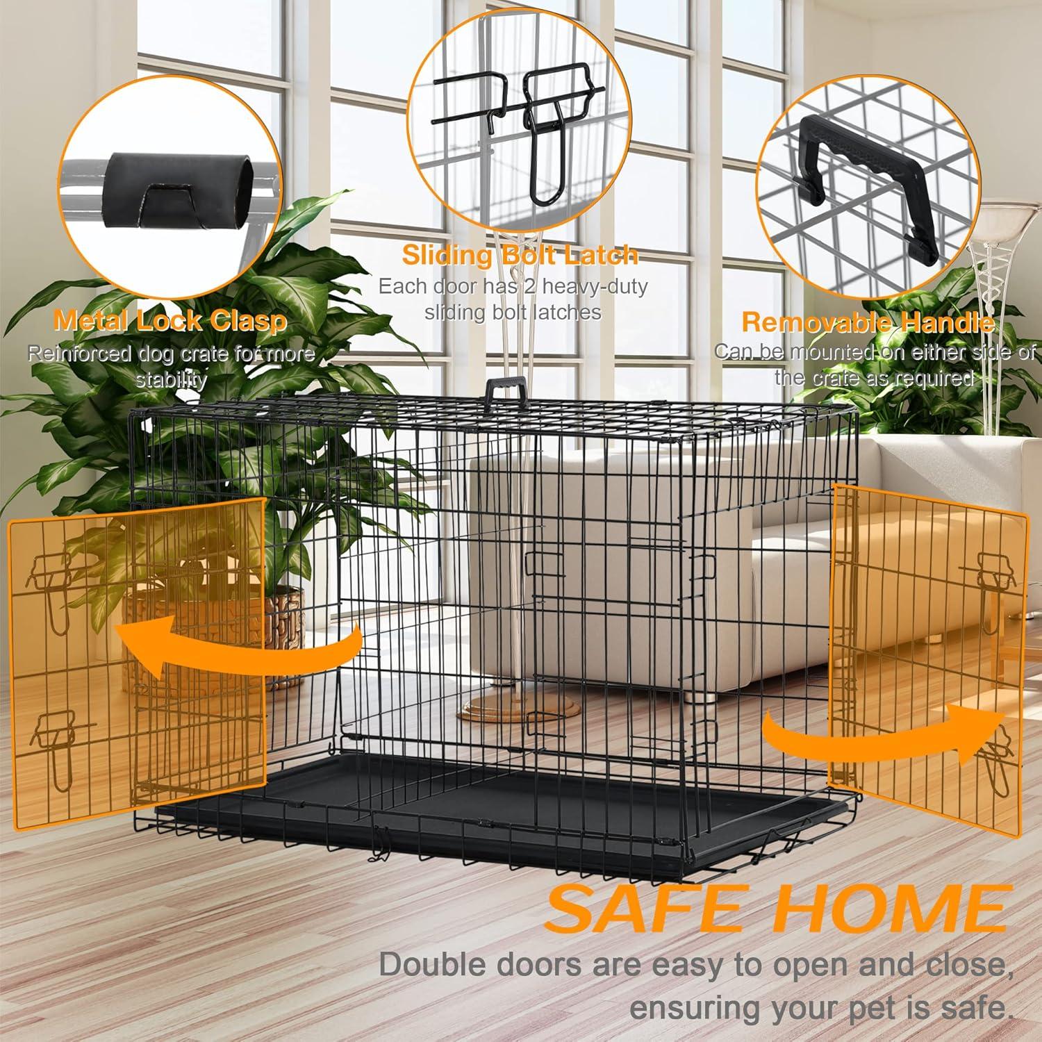 CL.HPAHKL Durable Large Dog Crate, Folding Metal Dog Kennel Double Door Dog Cage with Plastic Tray, Wire Crate for Large Dog Indoor Outdoor Travel (Black, 42 inch)