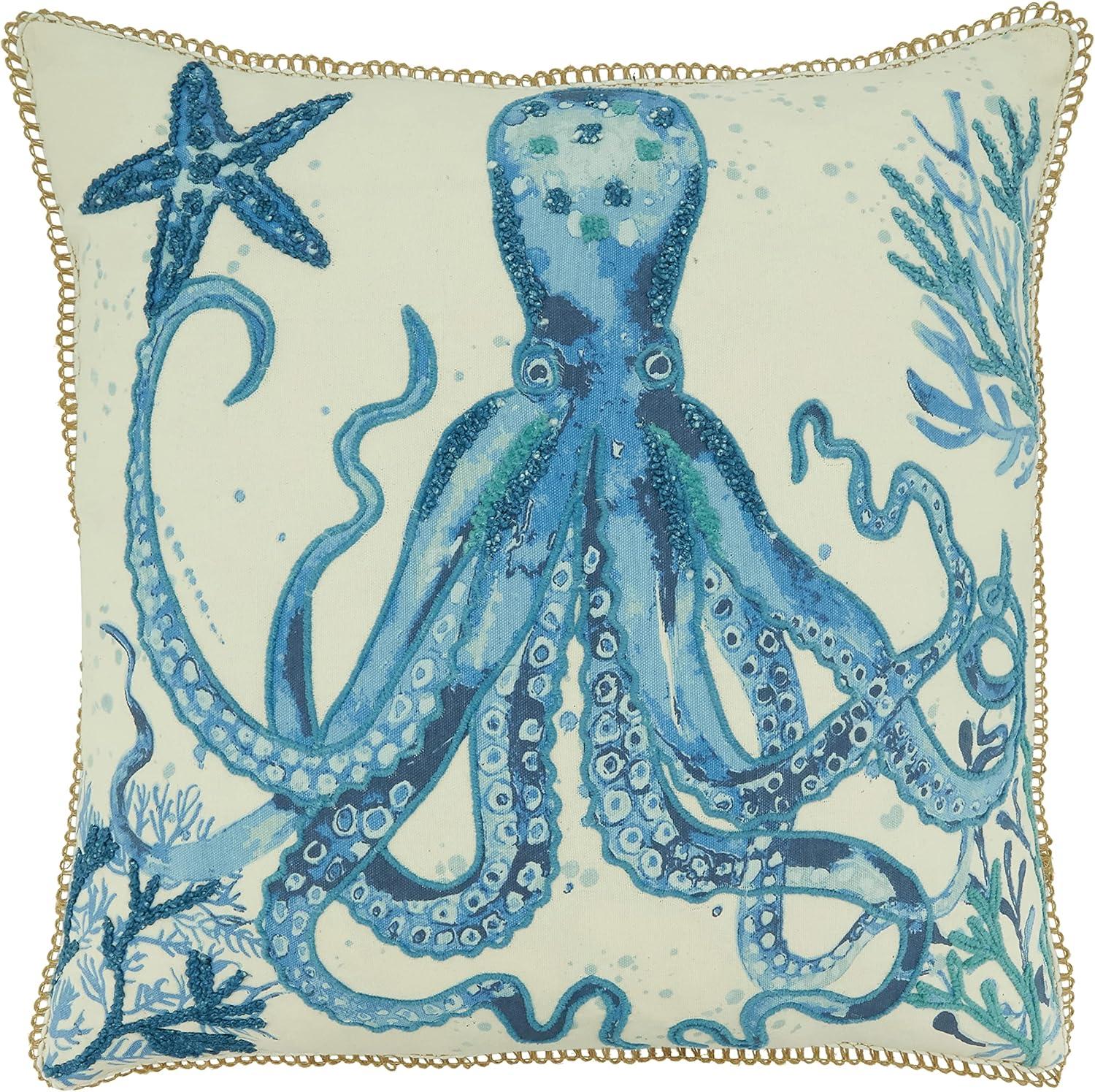 20"x20" Oversize Octopus Design Square Throw Pillow Cover Navy Blue - Saro Lifestyle: Cotton, Zipper Closure, Hand Wash