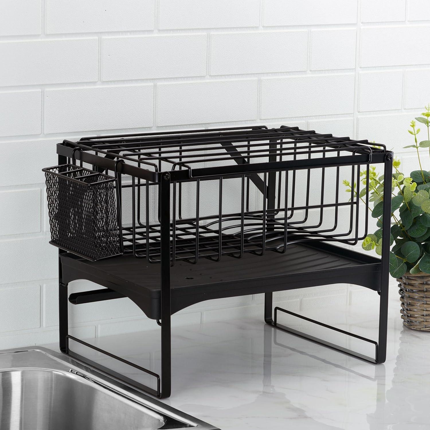 Black Metal 2-Tier Dish Rack with Utensil Cup