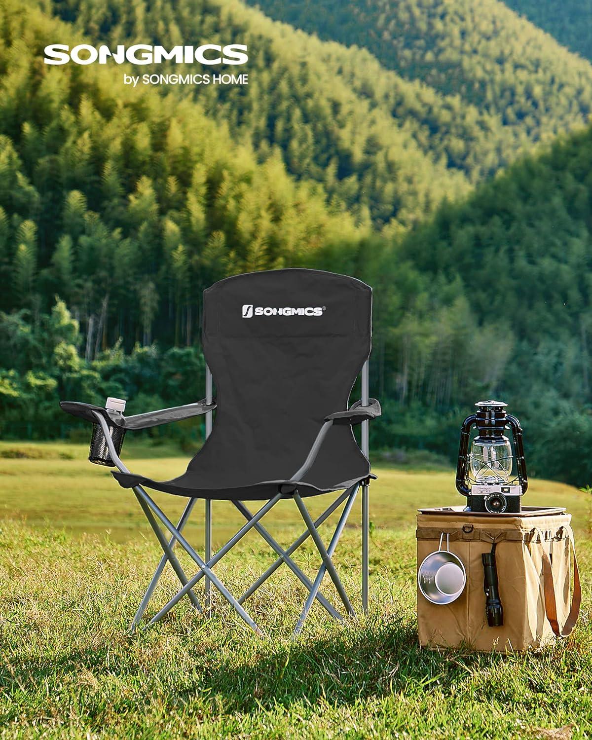 Set of 2 Black Folding Camping Chairs with Cup Holders