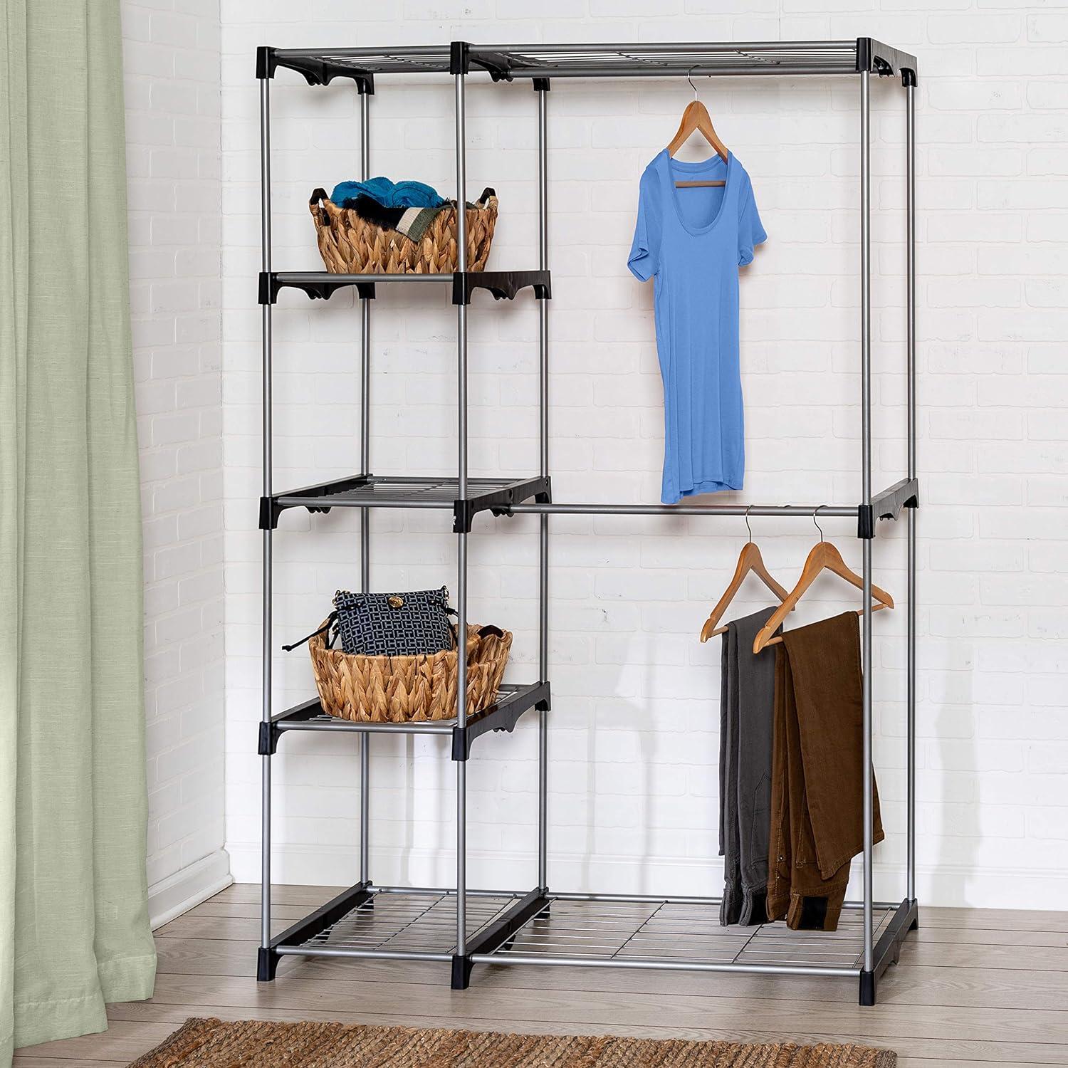 Silver and Black Steel Double Rod Freestanding Closet with Shelves