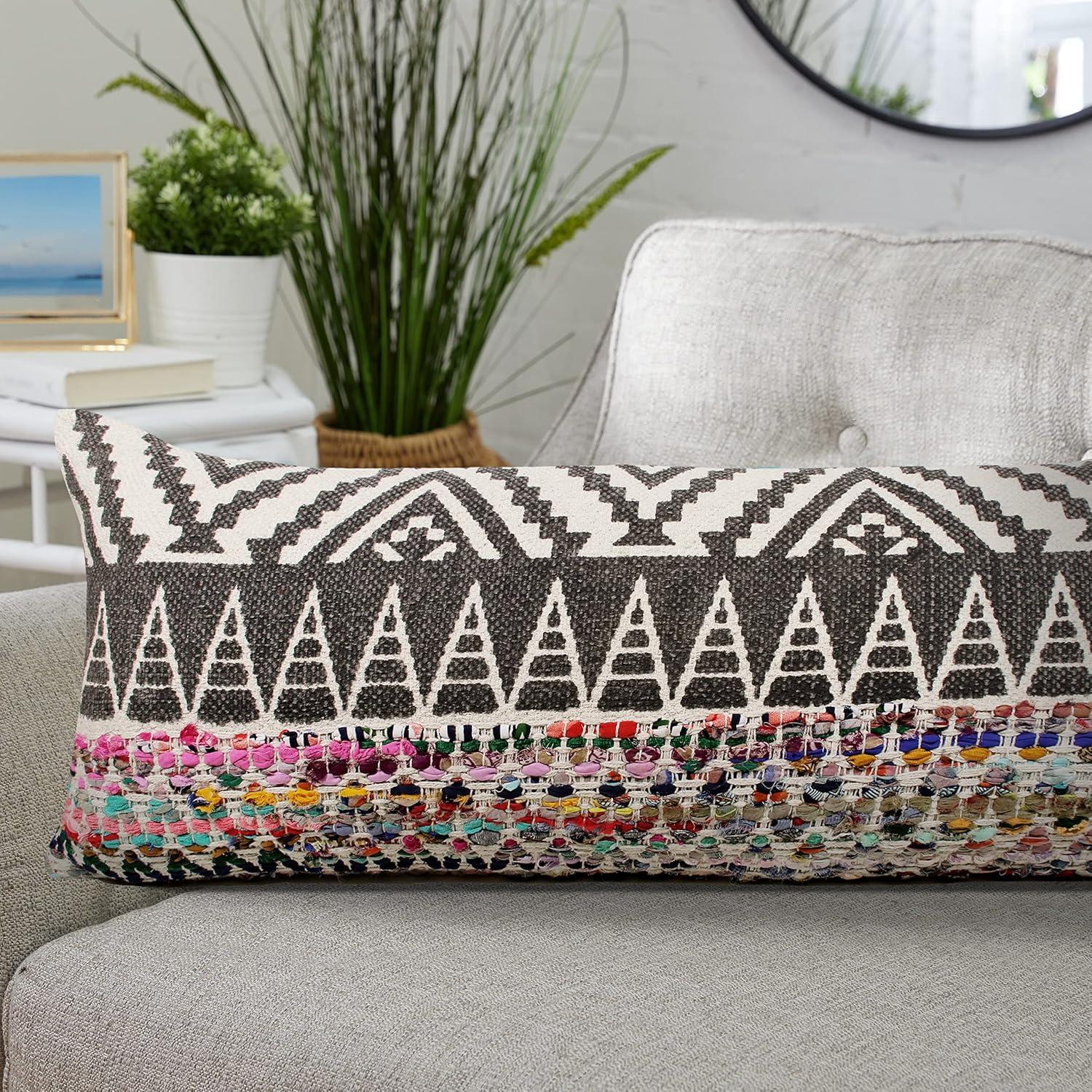 Ox Bay 14" x 36" Hand-Woven Gray/ Multicolored Chevron Cotton Blend Pillow Cover