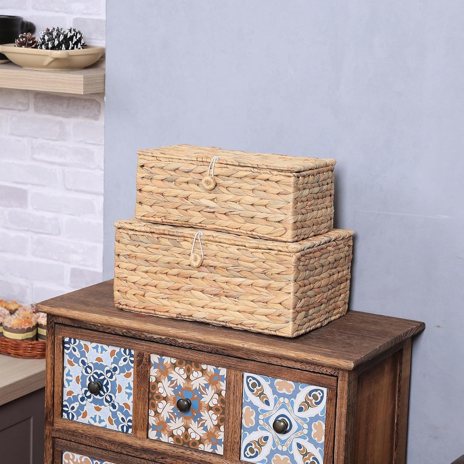 Set Of 2 Rectangular Wicker Storage Bins With Lid, Rattan Basket Decorative Boxes, Multipurpose Organizer Rattan Display Boxes For Shelf Organizer, Boho Rattan Box For Home Decoration