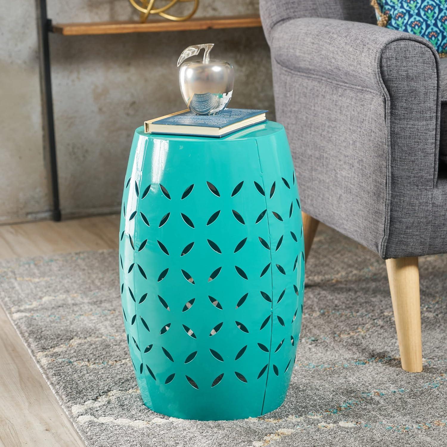 Joyce Lace Cut Iron Accent Table, Teal