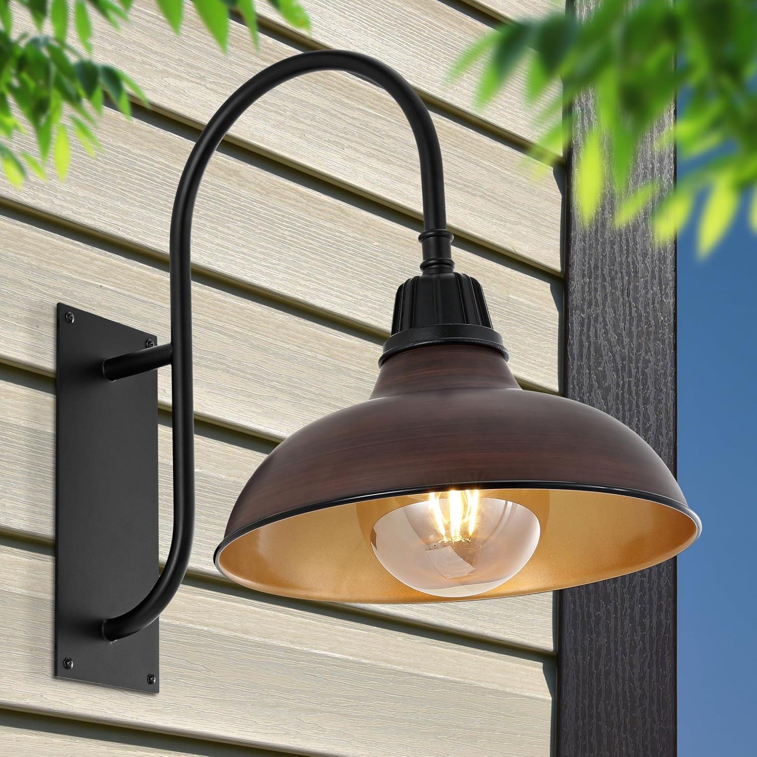 Stanley 12.25" 1-Light Farmhouse Industrial Indoor/Outdoor Iron LED Gooseneck Arm Outdoor Sconce, Wood Finish/Copper