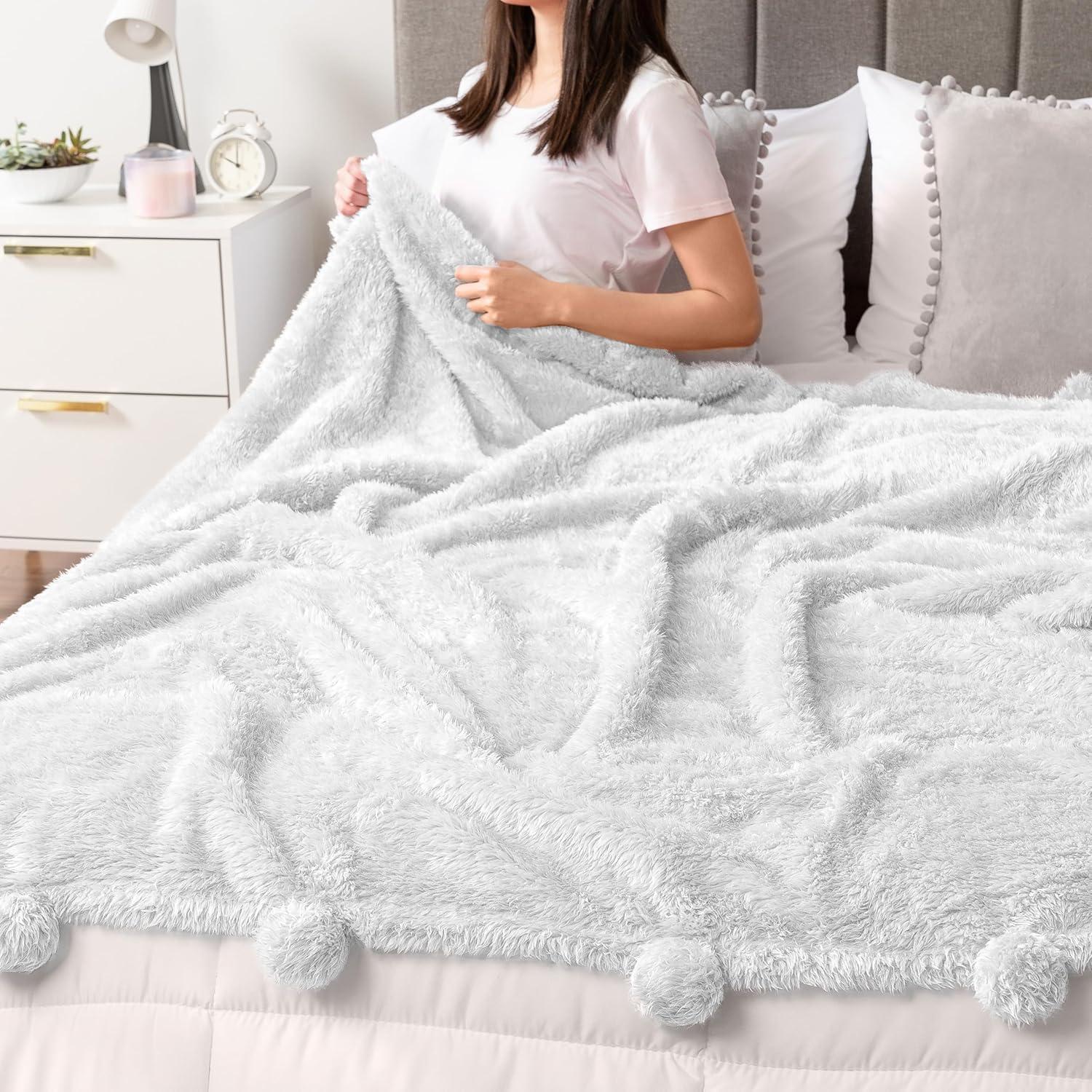 PAVILIA Fluffy Throw Blanket with Pompom, Lightweight Soft Plush Cozy Warm Pom Pom Fringe for Couch Sofa Bed