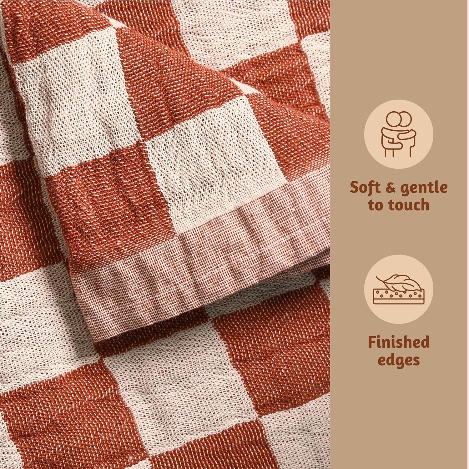 100% Cotton Throw Blanket, Rust Checks, 50x60in, Soft, Lightweight, Travel, Napping, All Seasons, Machine Wash (Rust)