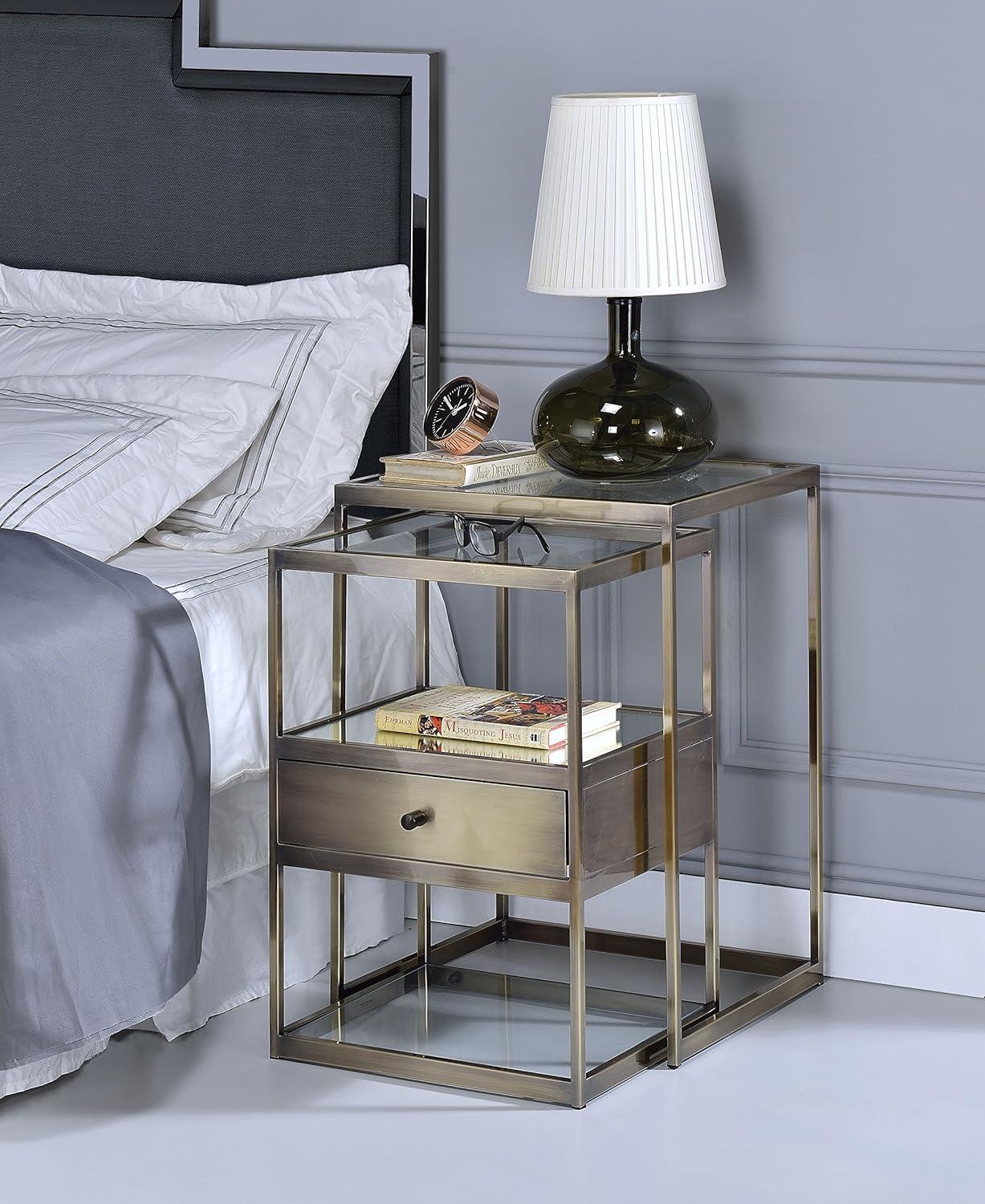 Antique Brass and Clear Glass Nesting Tables with Storage