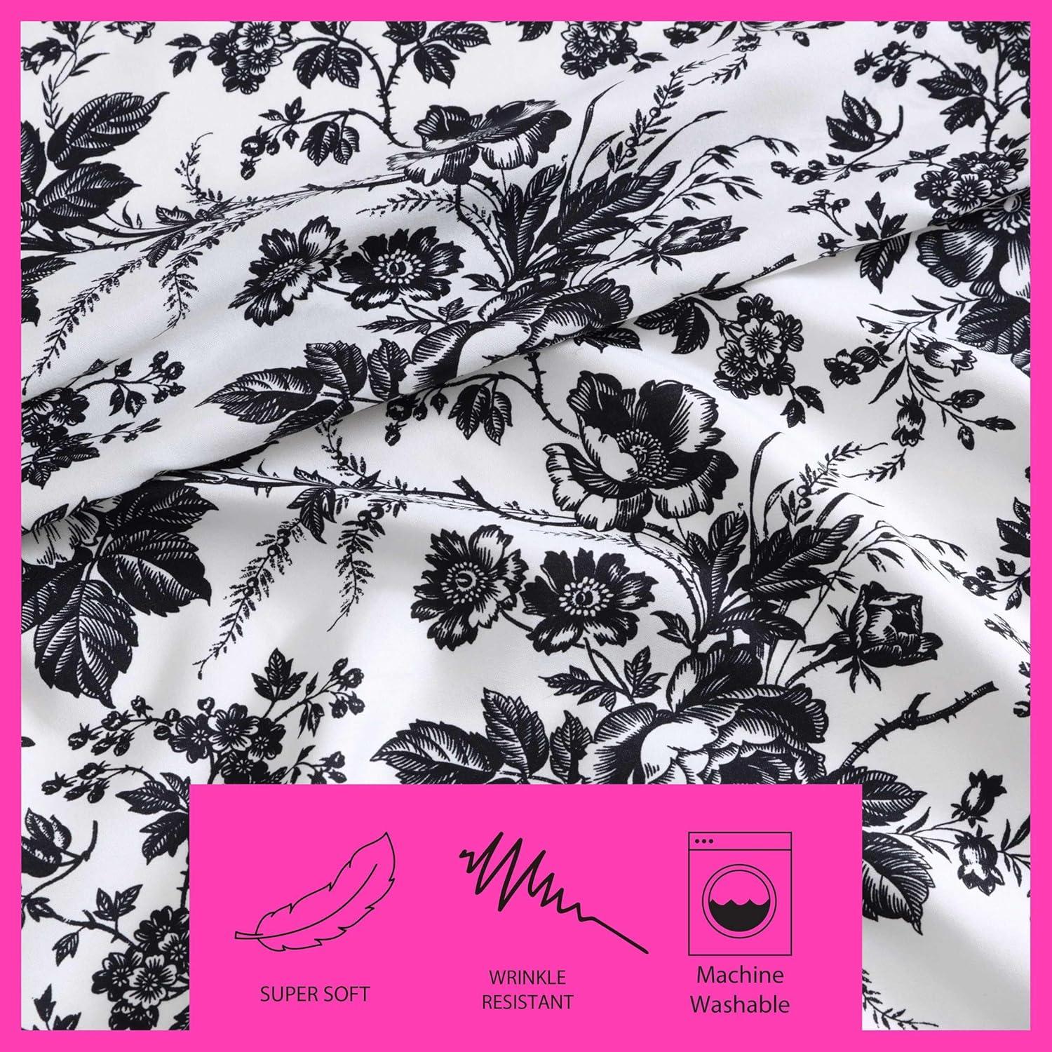 Black and White Floral Twin Microfiber Sheet Set