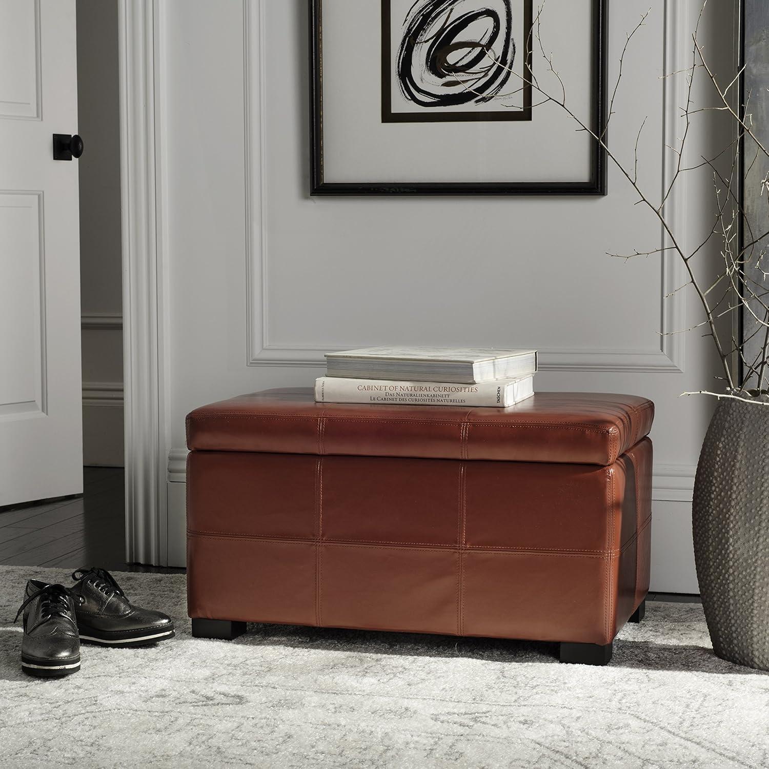 Transitional Red Faux Leather Tufted Storage Ottoman