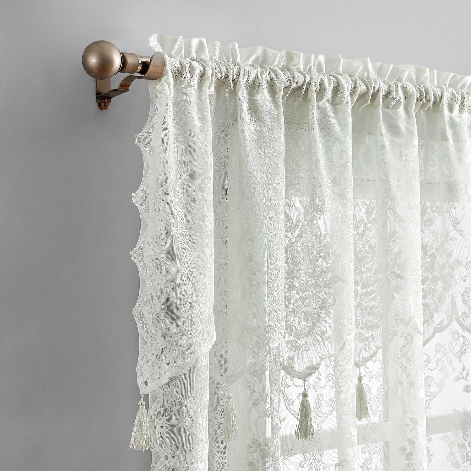 Rosdorf Park Rosdorf Park Pair Of 2 Sheer Lace Curtain Panels with Attached Matching Valance With 6 Tassels. (Set of 2)