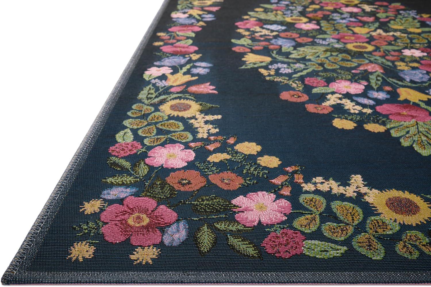 Navy Floral Rectangular Wool and Synthetic Accent Rug