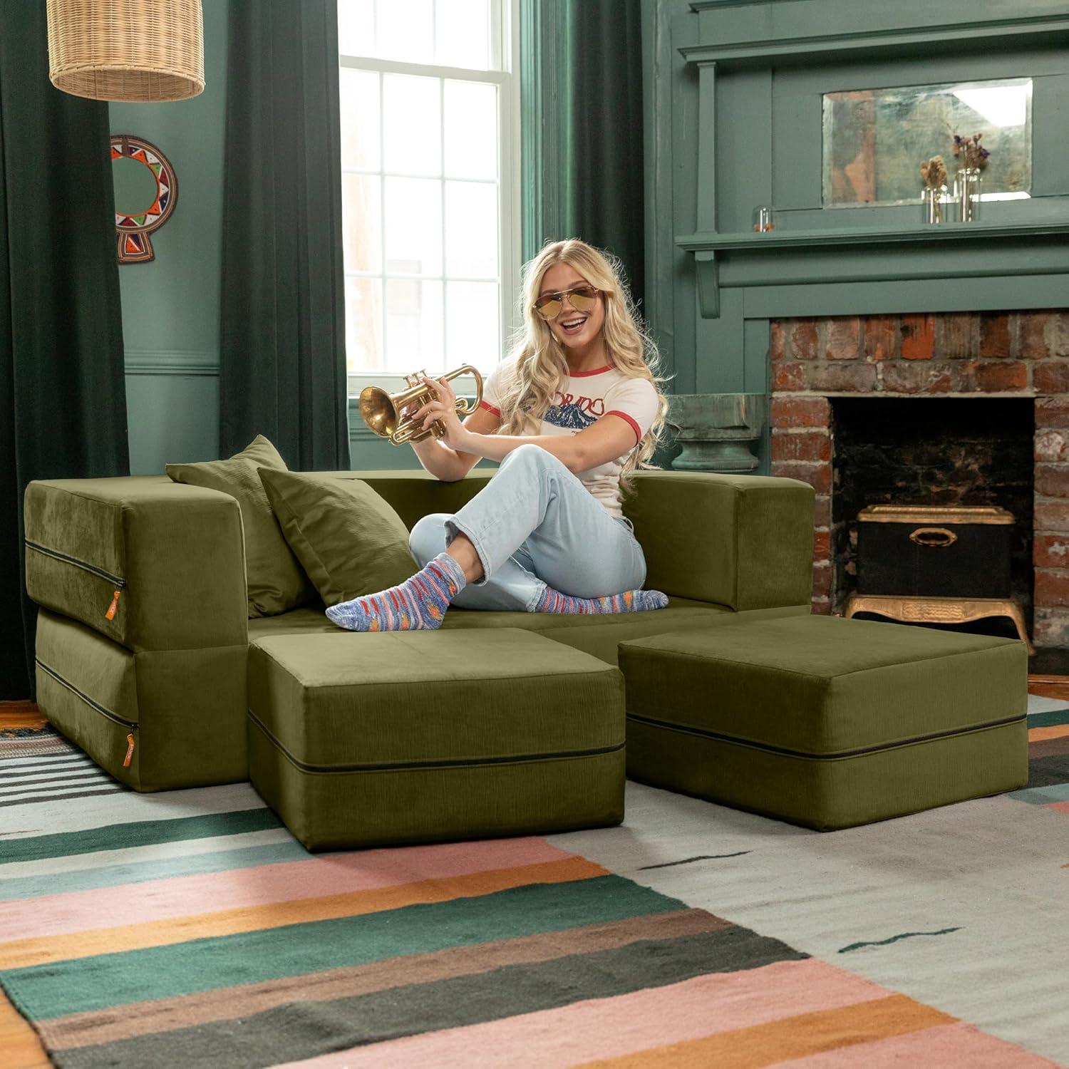 Jaxx Zipline Convertible Sleeper Loveseat & Ottomans/Queen-Size Bed, Moss