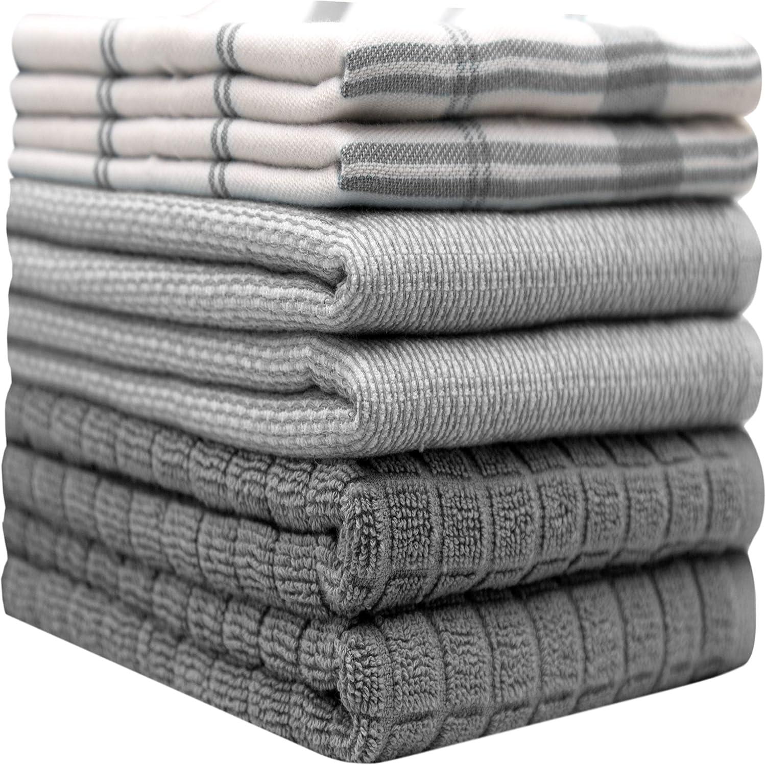 Bumble Towels Premium Kitchen Towels (20”x 28”, 6pc Pack) Large Cotton Kitchen Hand Towels – Check Flat & Terry Tea Towels Set - Grey Color